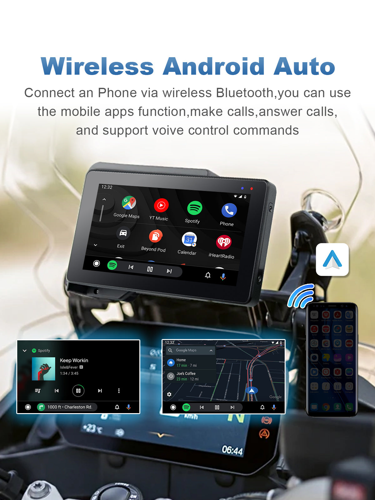 Linkifun MT20 MT30 motorcycle navigation screen with wireless Android Auto connectivity, hands-free Google Assistant, music streaming, calls, and DVR support for BMW motorcycles