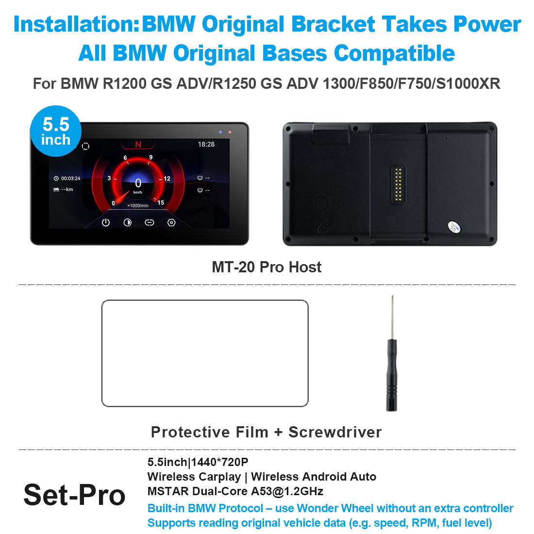 Linkifun™ MT20/MT30 5.5"/6.5" Wireless CarPlay Android Auto Dashboard Navigation Screen with DVR – Special for BMW Motorcycles