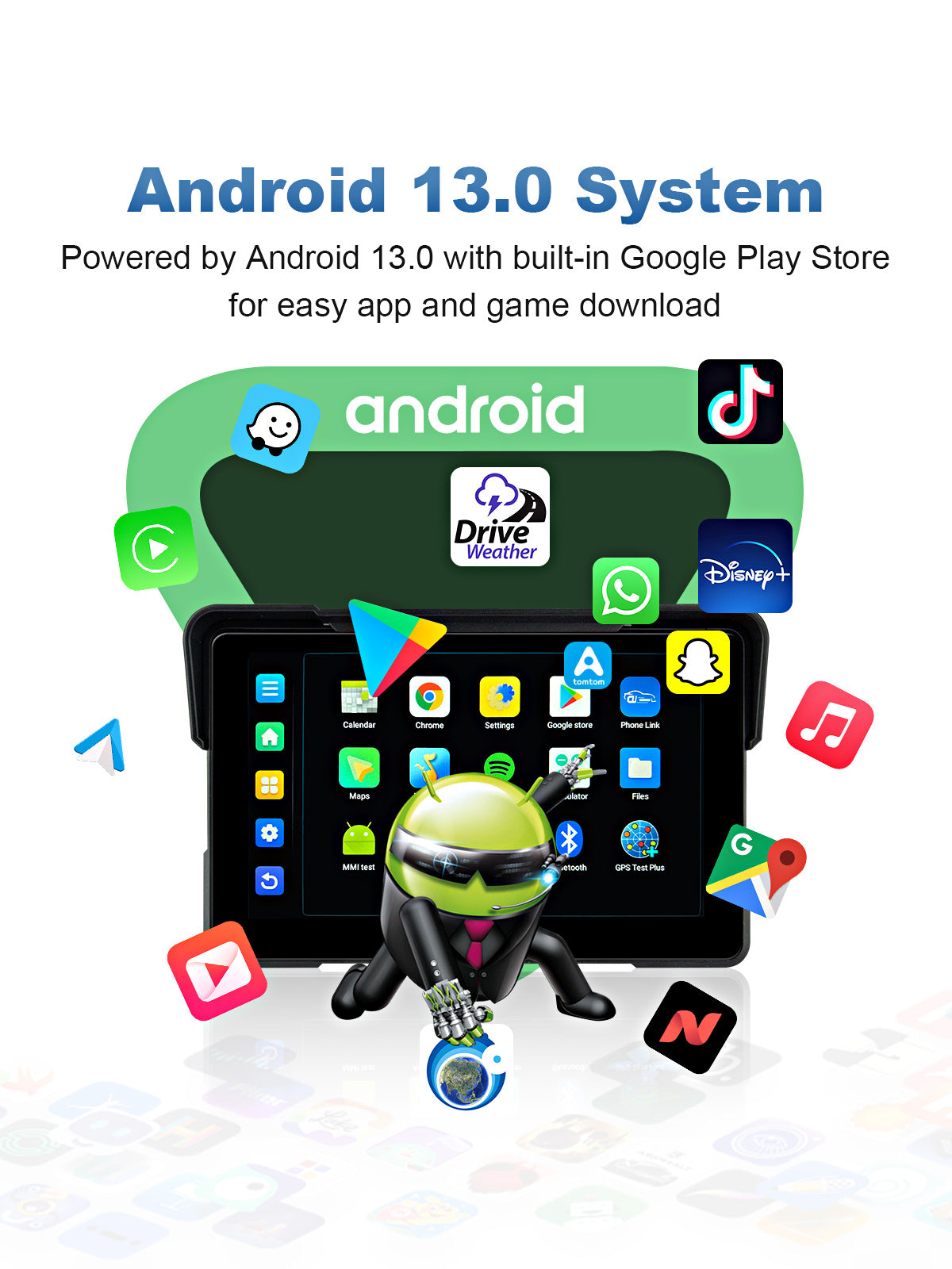 Linkifun MT21 motorcycle navigation screen running Android 13 with built-in Google Play Store for navigation, music, and riding apps.