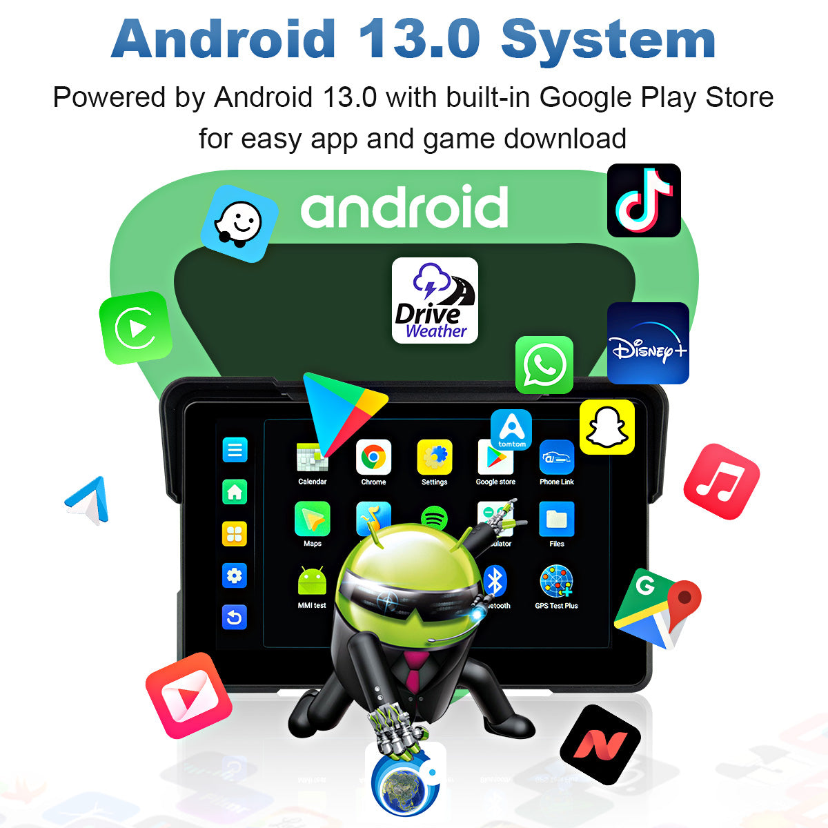 Linkifun™ MT21 7" Android 13 Motorcycle Navigation Screen with Wireless CarPlay/Android Auto, Built-in GPS, Wi-Fi
