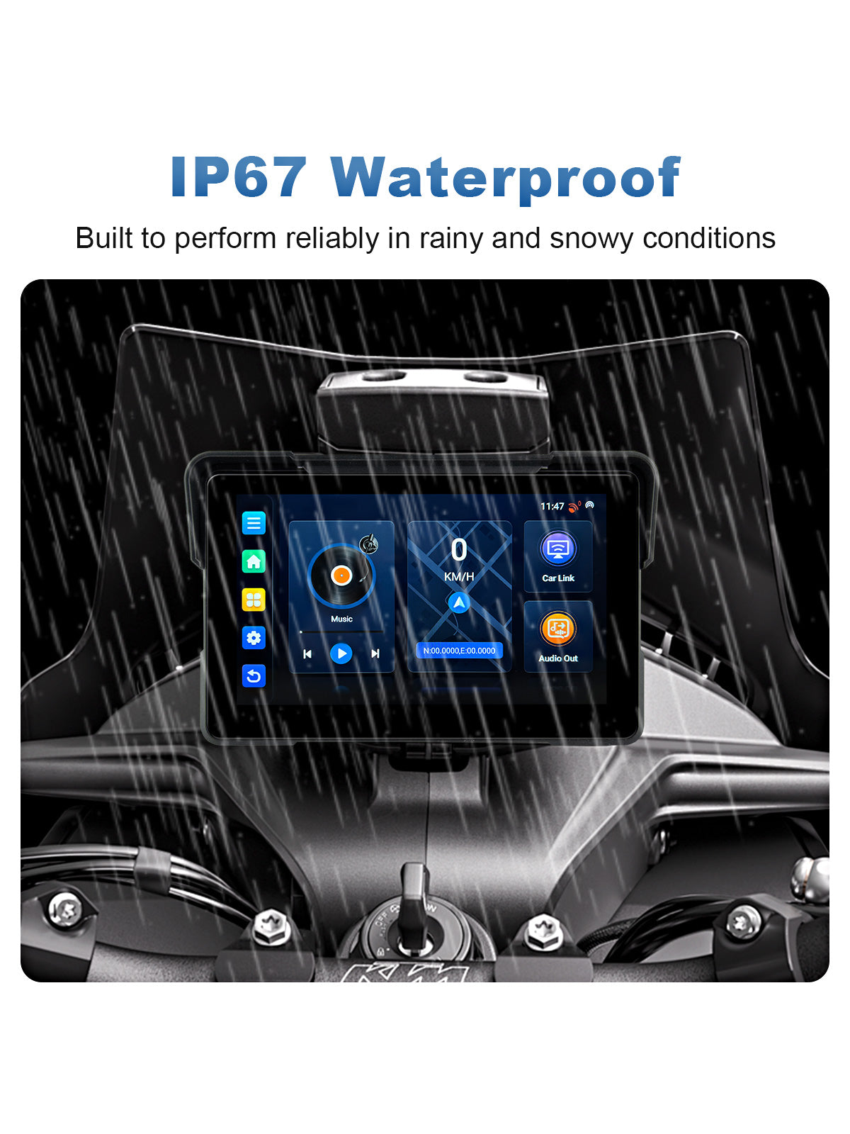 Linkifun MT21 motorcycle navigation screen with IP67 waterproof design for reliable use in rain, dust, and everyday riding conditions.