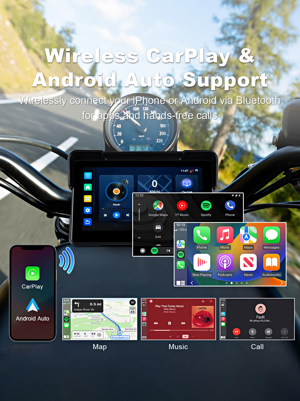 Linkifun MT21 motorcycle navigation screen supporting wireless CarPlay and Android Auto for navigation, music, calls, and voice control.