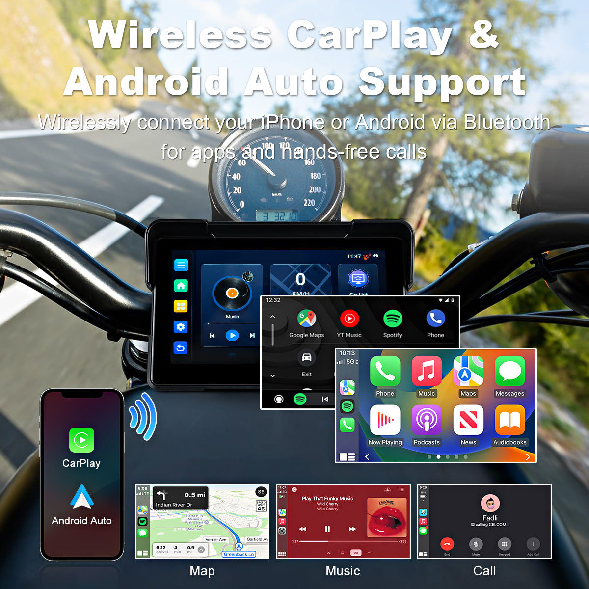 Linkifun™ MT21 7" Android 13 Motorcycle Navigation Screen with Wireless CarPlay/Android Auto, Built-in GPS, Wi-Fi