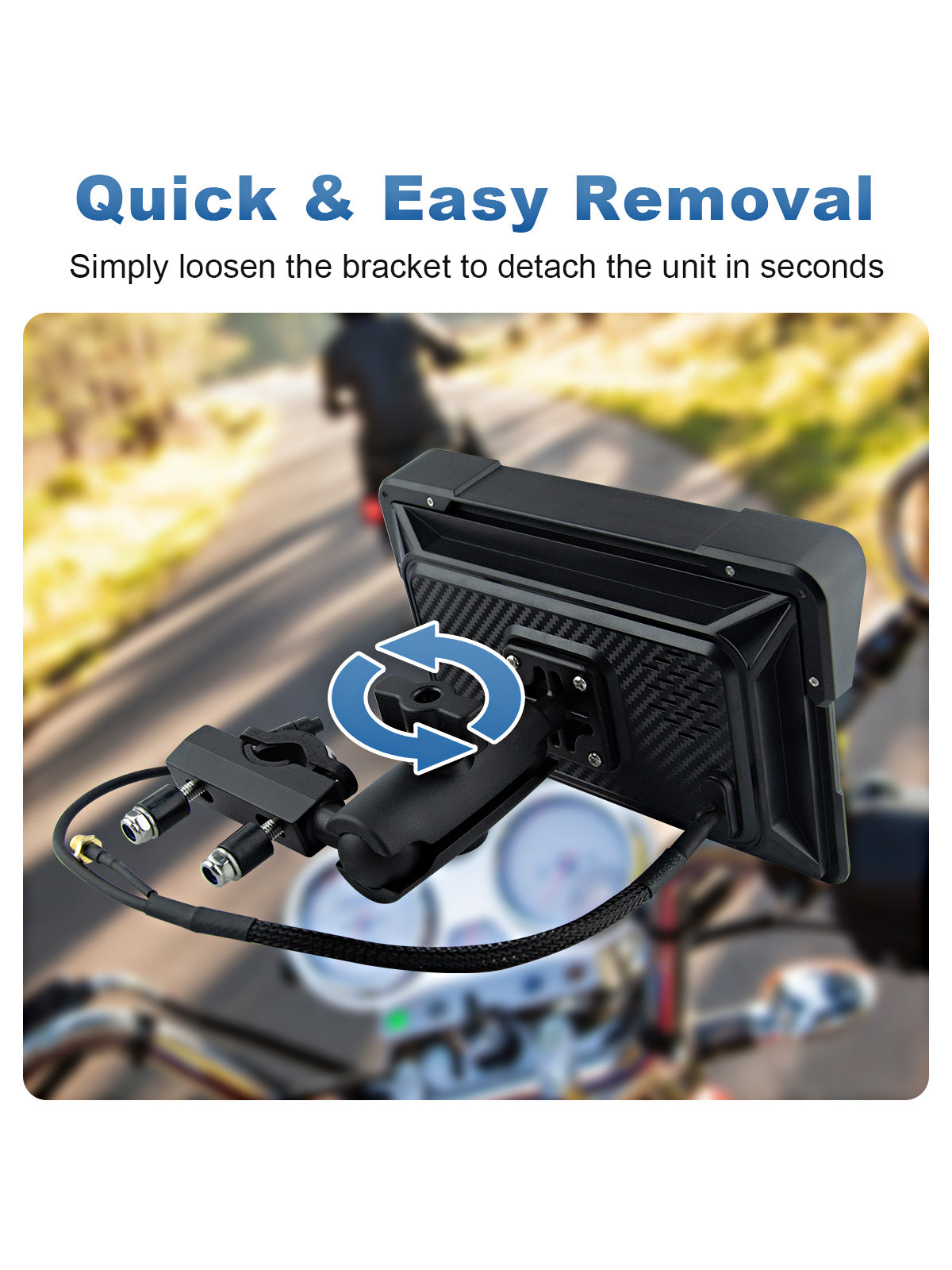 Linkifun MT21 motorcycle mounting system with quick-release design, allowing the display to be detached in seconds for easy removal and storage.