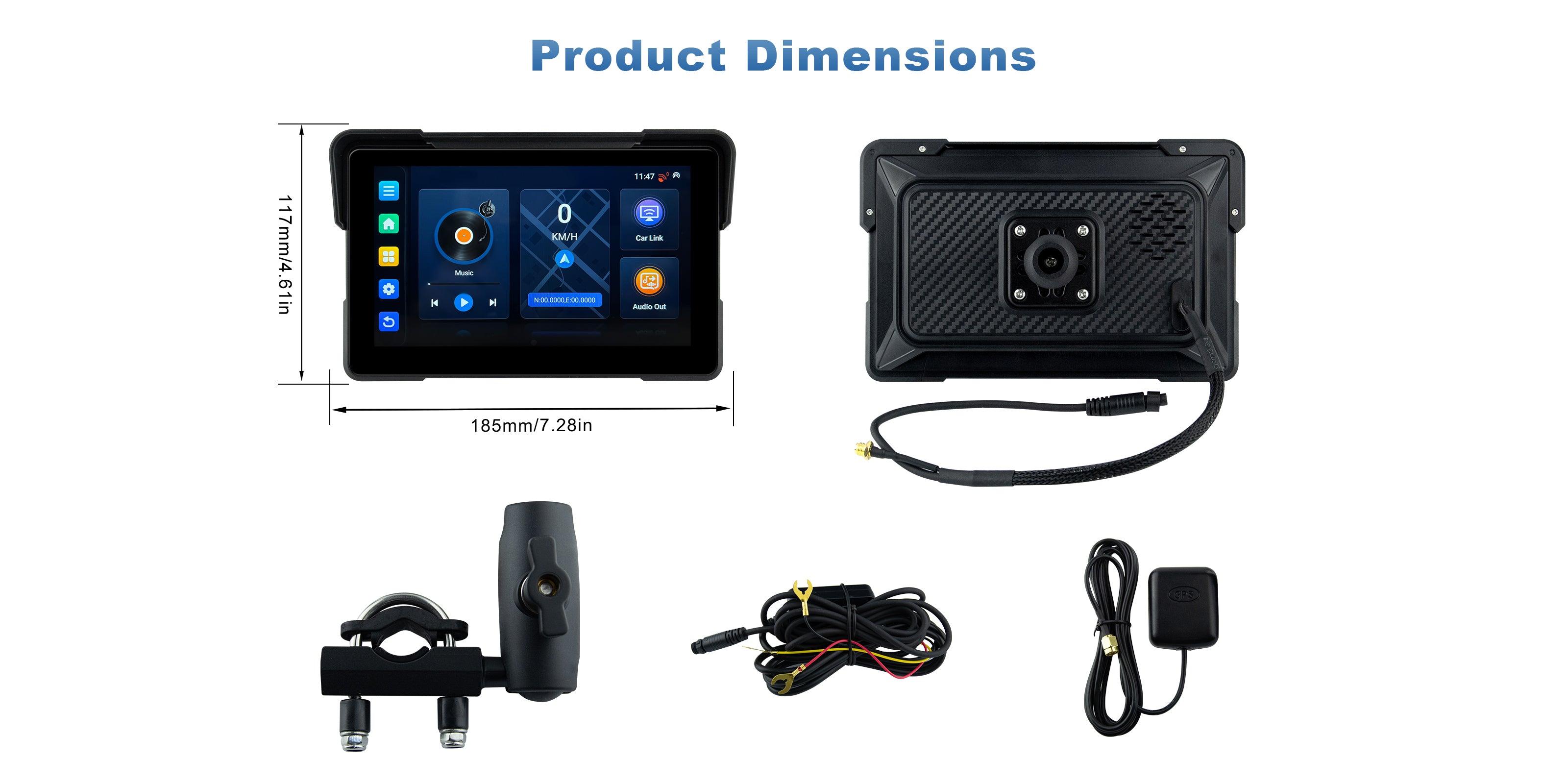 Linkifun MT21 motorcycle navigation screen showing product dimensions and package contents, including the display and included accessories.