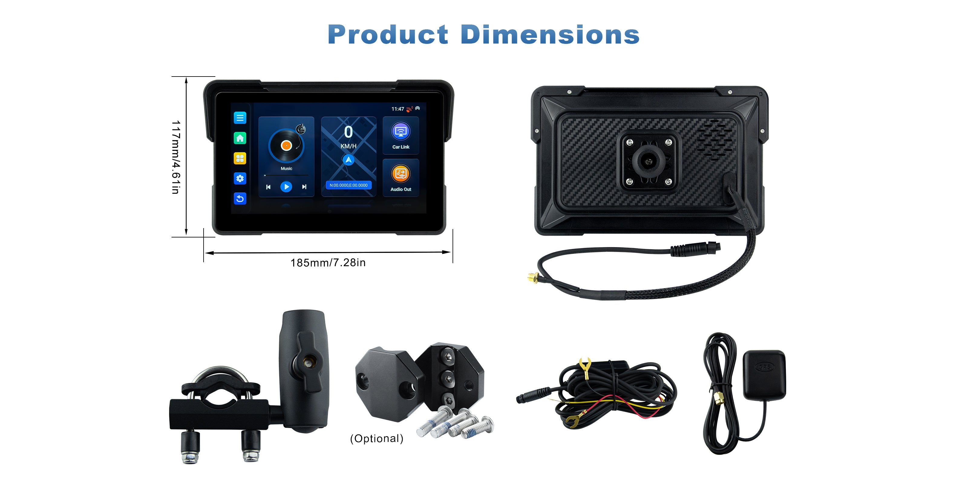 Linkifun MT21 motorcycle navigation screen showing product dimensions and package contents, including the display and included accessories.