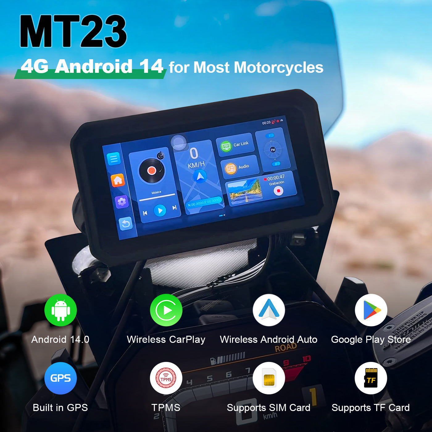 Linkifun MT23 6.0-inch Android 14 Motorcycle GPS DVR Screen with Wireless CarPlay and Android Auto – desktop homepage banner showcasing navigation and dual-camera recording