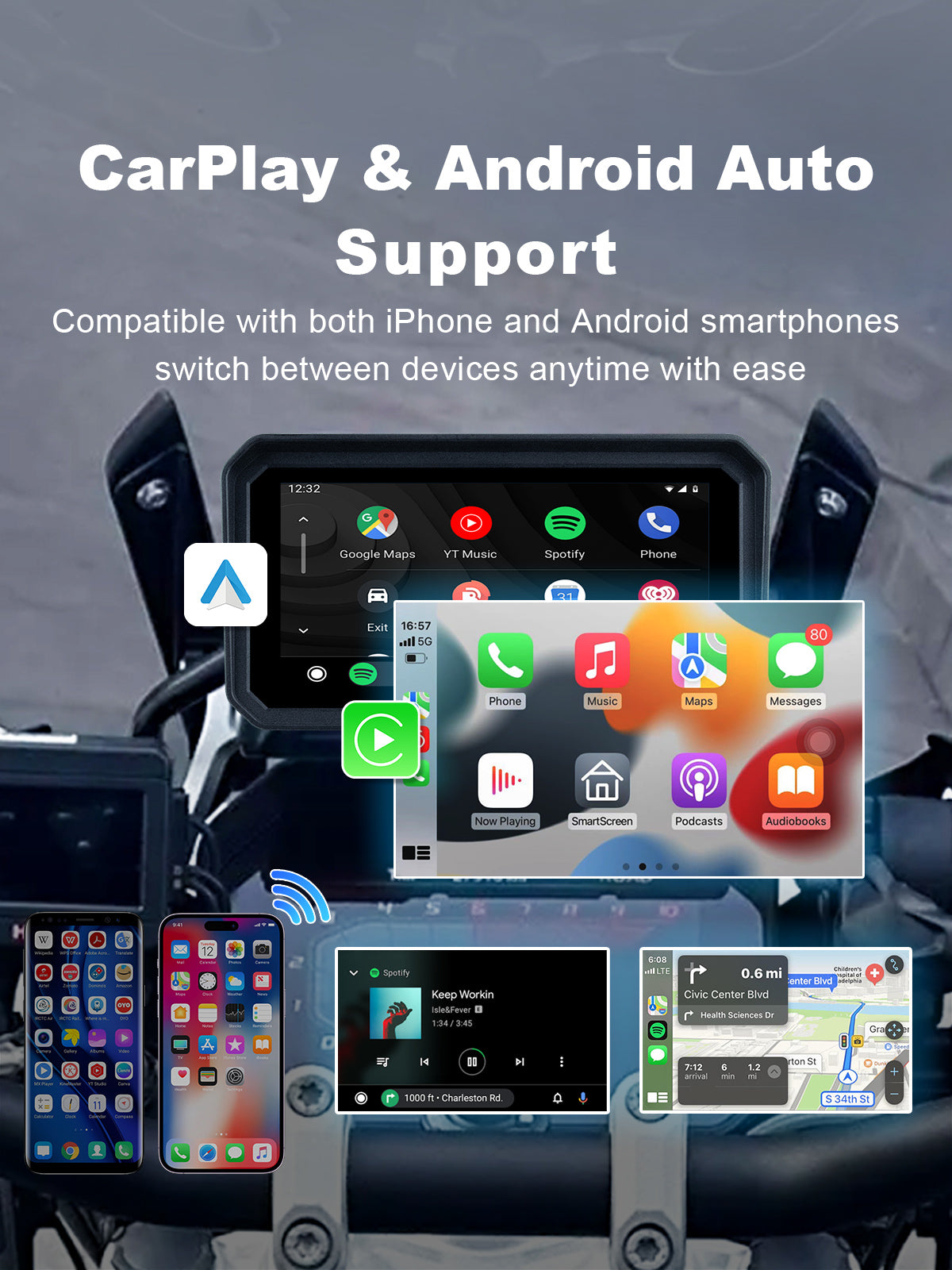 Linkifun MT23 motorcycle dash cam running Android 14 with wireless CarPlay and Android Auto for cable-free navigation, music, and voice control