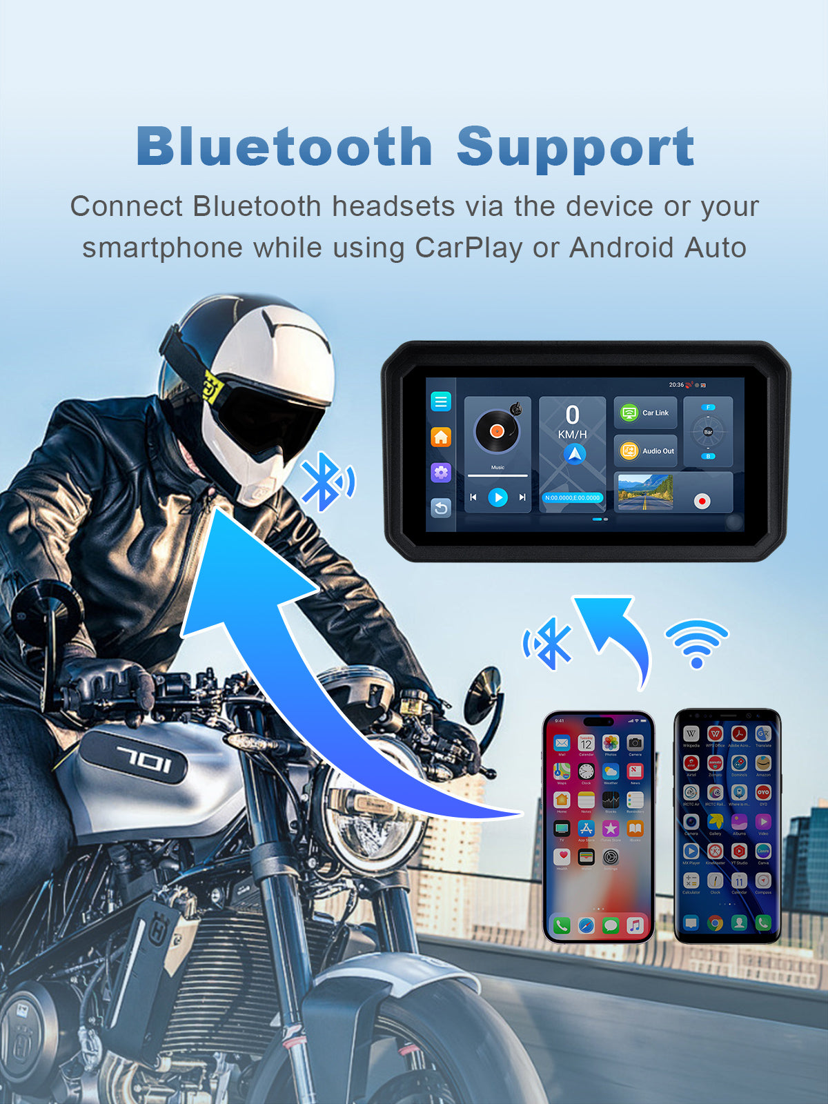 Linkifun MT23 motorcycle dash cam with Bluetooth 5.0 connectivity for wireless CarPlay or Android Auto and seamless pairing with helmet headsets or intercoms