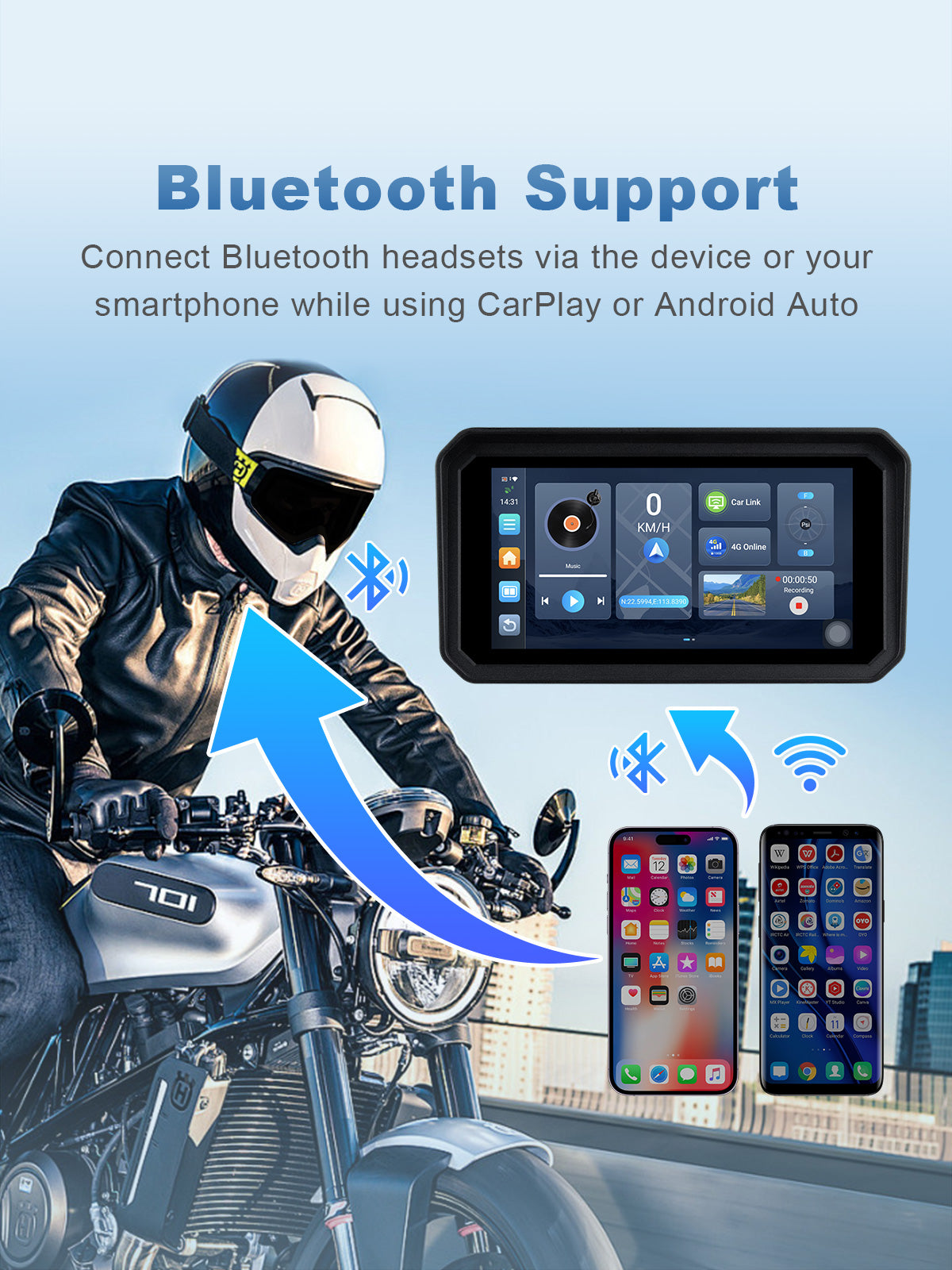 Linkifun MT23 motorcycle dash cam with Bluetooth 5.0 connectivity for wireless CarPlay or Android Auto and seamless pairing with helmet headsets or intercoms