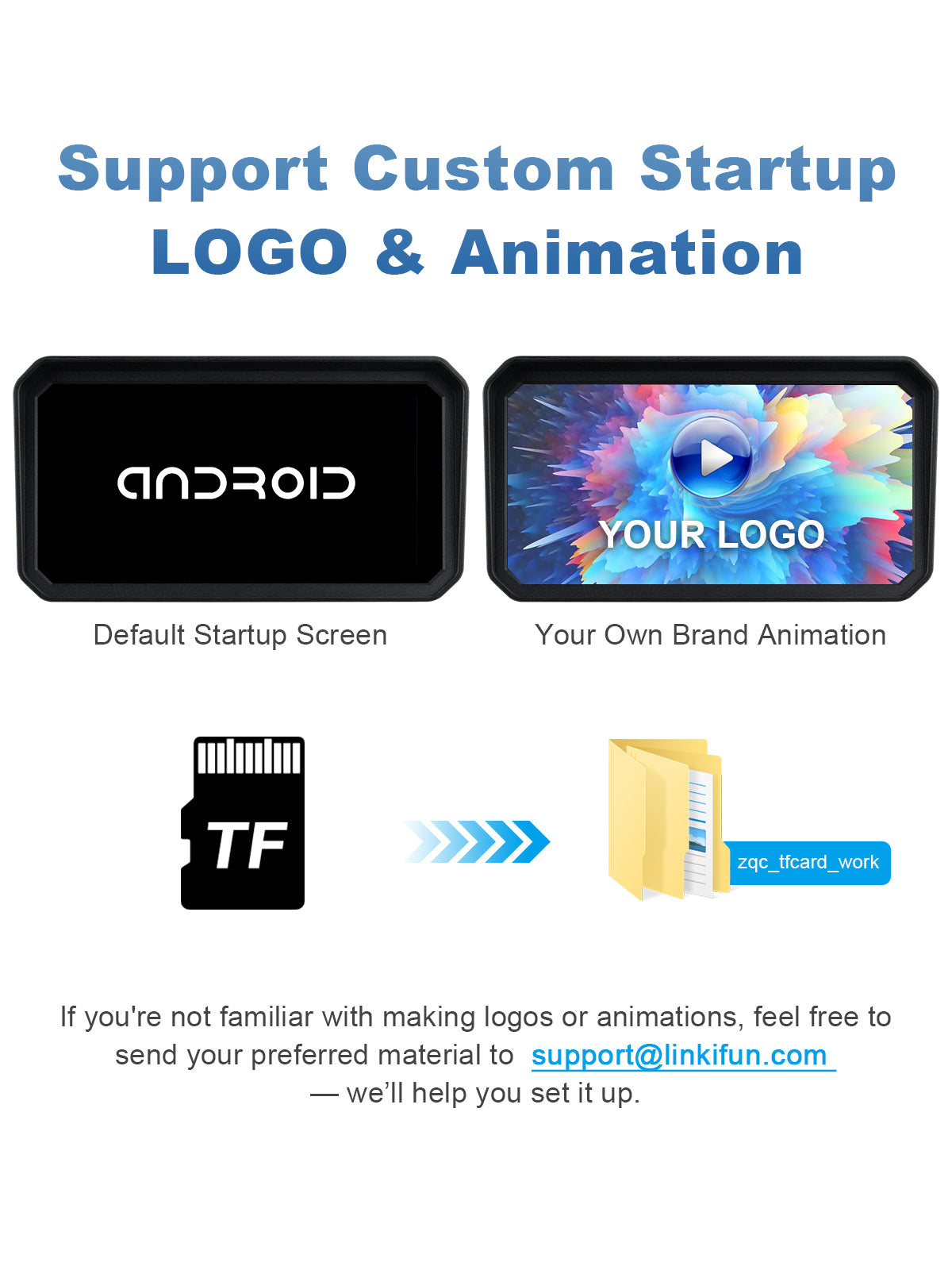 Linkifun MT23 motorcycle dash cam with custom startup logo and interface support, allowing riders to personalize boot screen with logo, animation, or photo