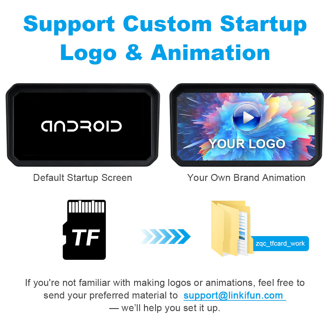 MT23 motorcycle dash cam supports custom startup interface—set your own logo, animation, or photo easily via TF card