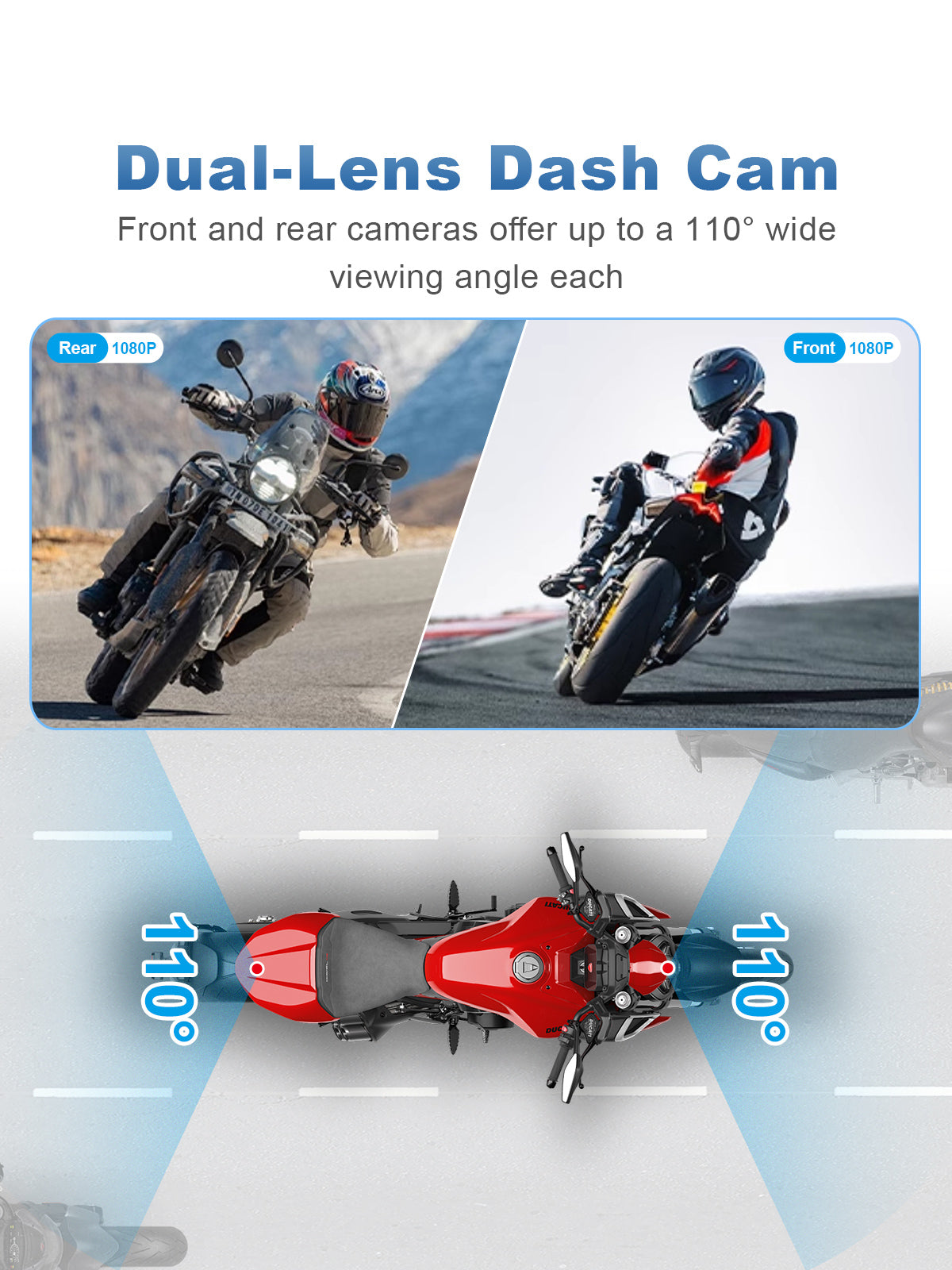 Linkifun MT23 motorcycle dash cam with front and rear dual camera recording in 1080P, IP67 waterproof protection, and optional Sony IMX307 upgrade for wider view and enhanced clarity