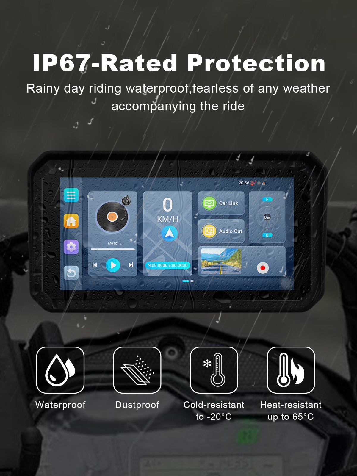 Linkifun MT23 motorcycle dash cam with IP67 waterproof and dustproof design for reliable all-weather riding performance in rain, mud, and harsh conditions