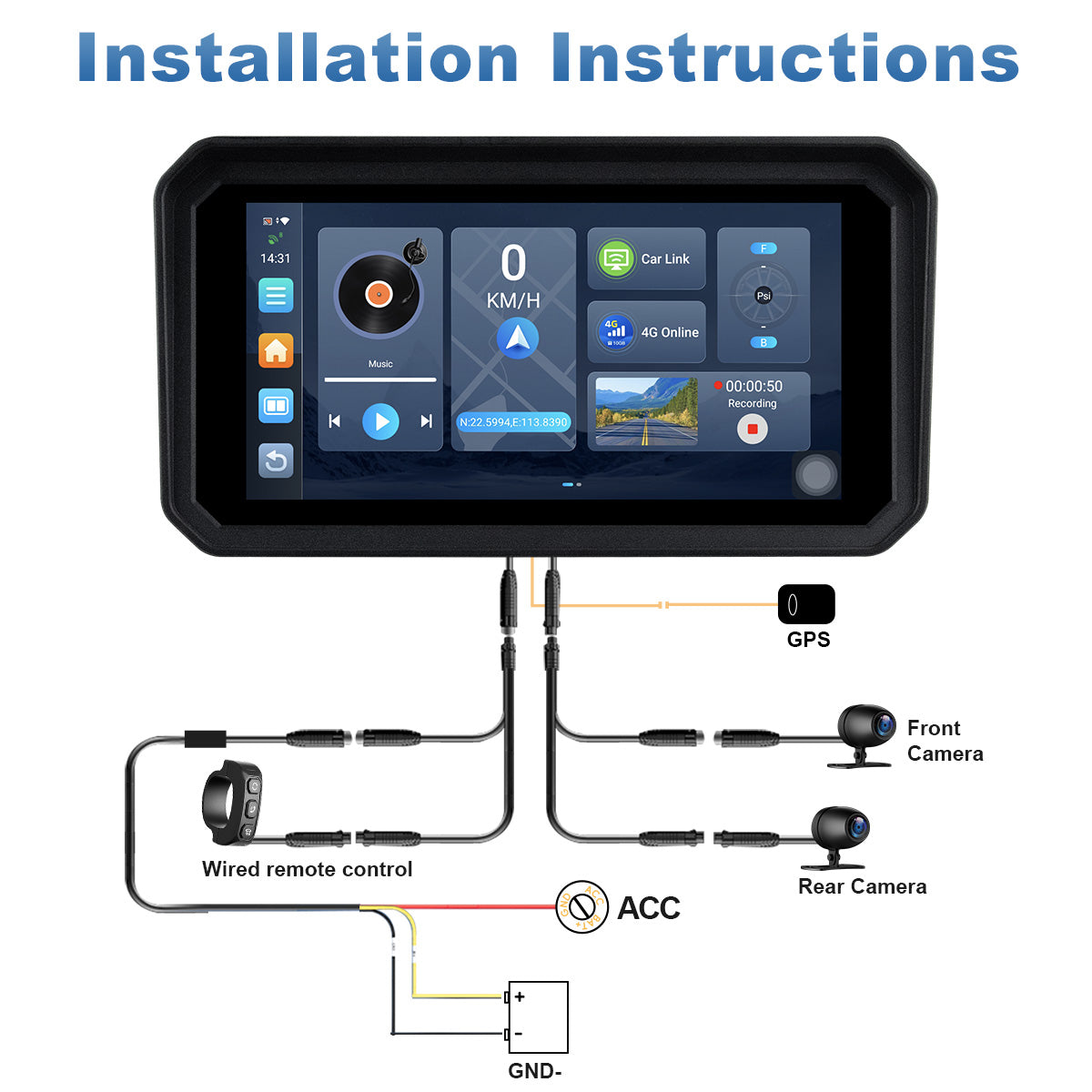 Linkifun™ MT23 6" Motorcycle Dash Cam with Wireless CarPlay/Android Auto, Android 14, SIM Support, TPMS, Odometer, GPS, DVR, Magnetic Mount