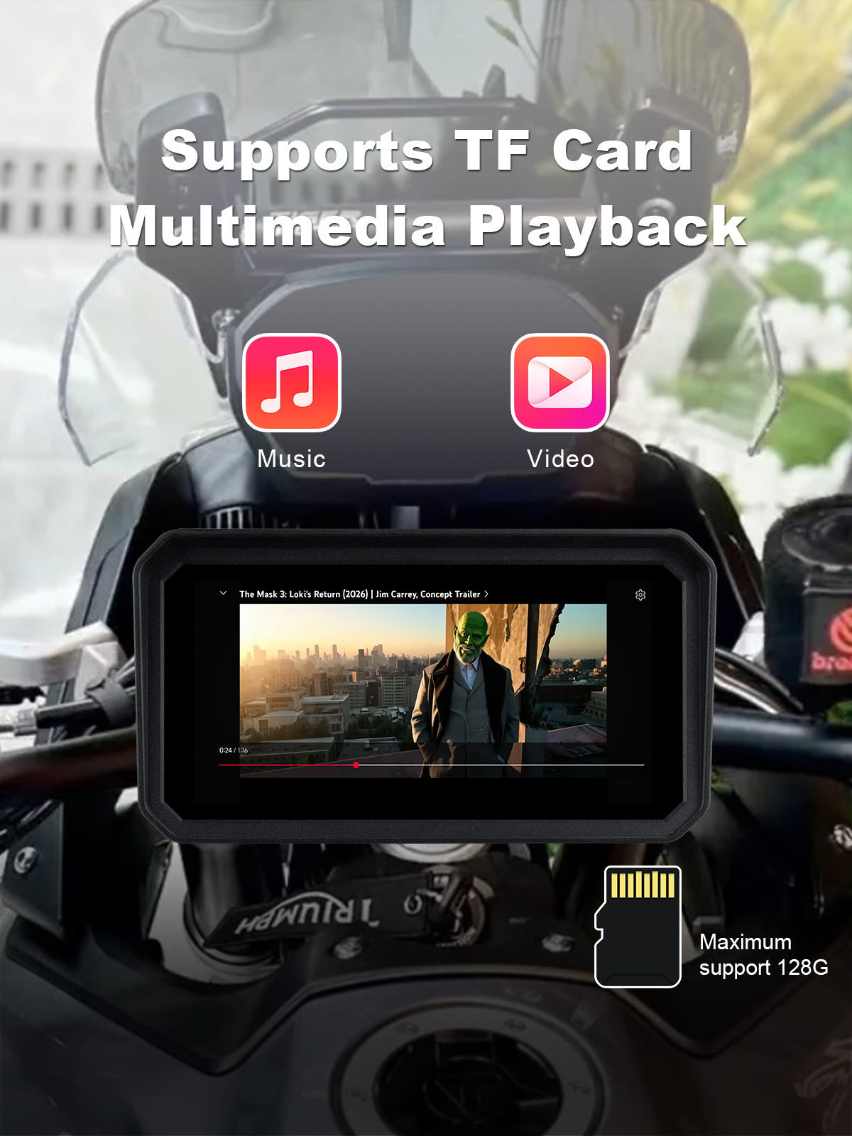 Linkifun MT23 motorcycle dash cam with offline multimedia playback, TF card support up to 128GB, AUX audio output, and Bluetooth headset compatibility