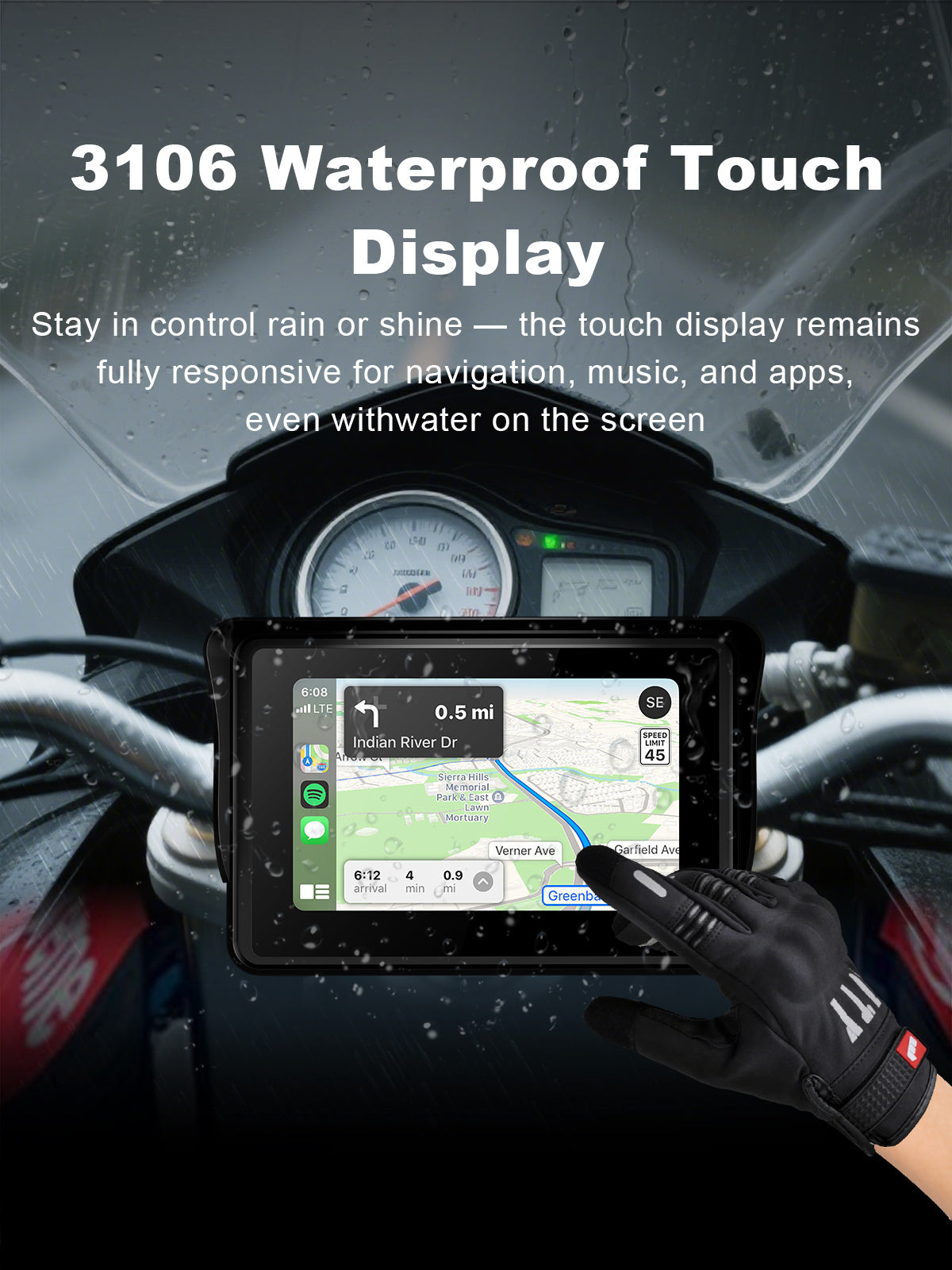 Linkifun MT3 motorcycle navigation screen with 3106 waterproof touch display for reliable and responsive control in rain or wet riding conditions