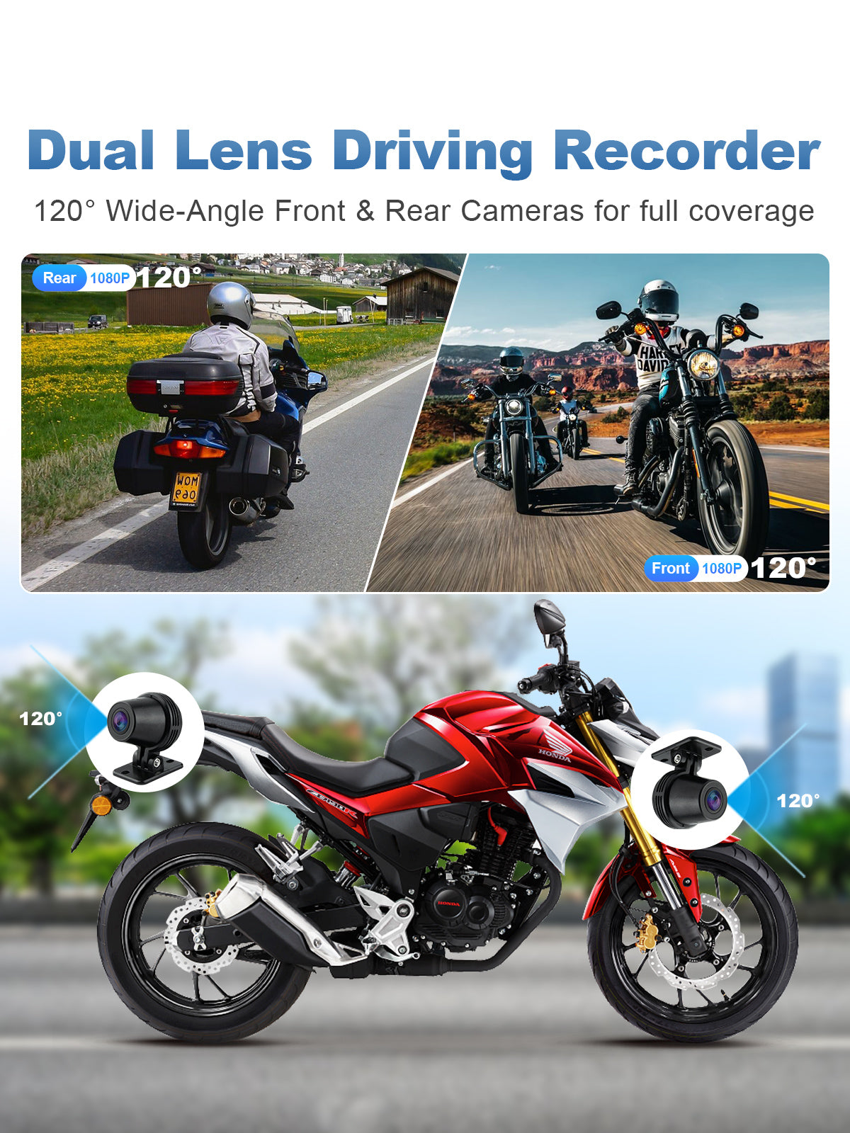 Linkifun MT3 motorcycle navigation screen with optional dual-lens DVR, front and rear 120-degree wide-angle cameras, and built-in GPS for location and speed tracking