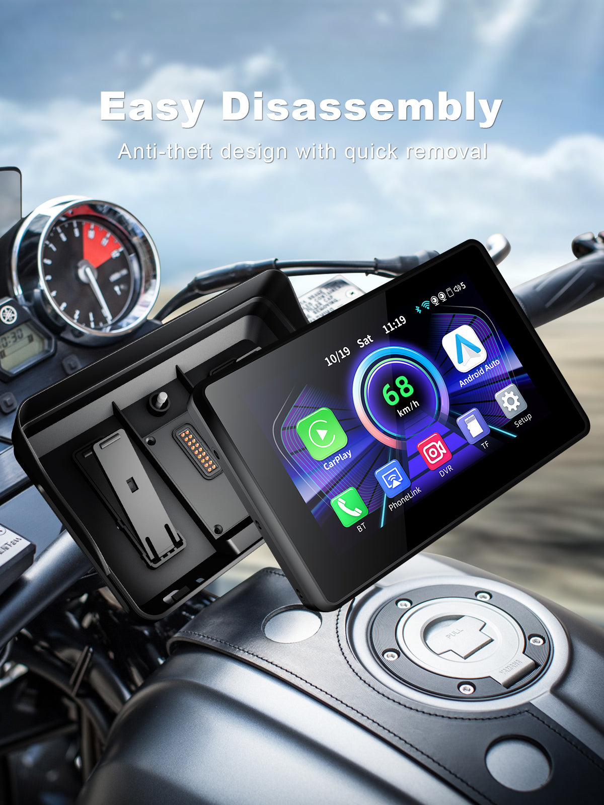 Linkifun MT3 motorcycle navigation screen with wireless quick-release design for easy disassembly and anti-theft protection, allowing riders to detach the screen in seconds