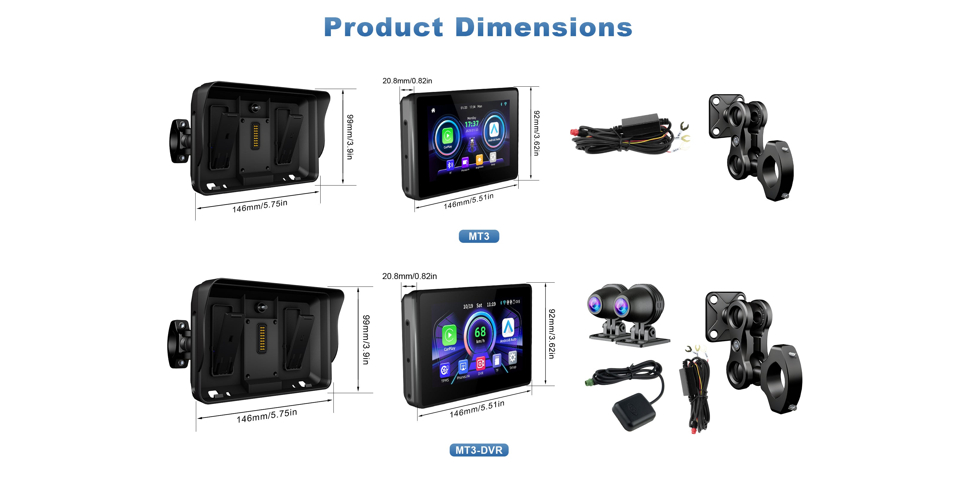 Linkifun MT3 motorcycle navigation screen size specifications with detailed dimensions for accurate motorcycle fitting