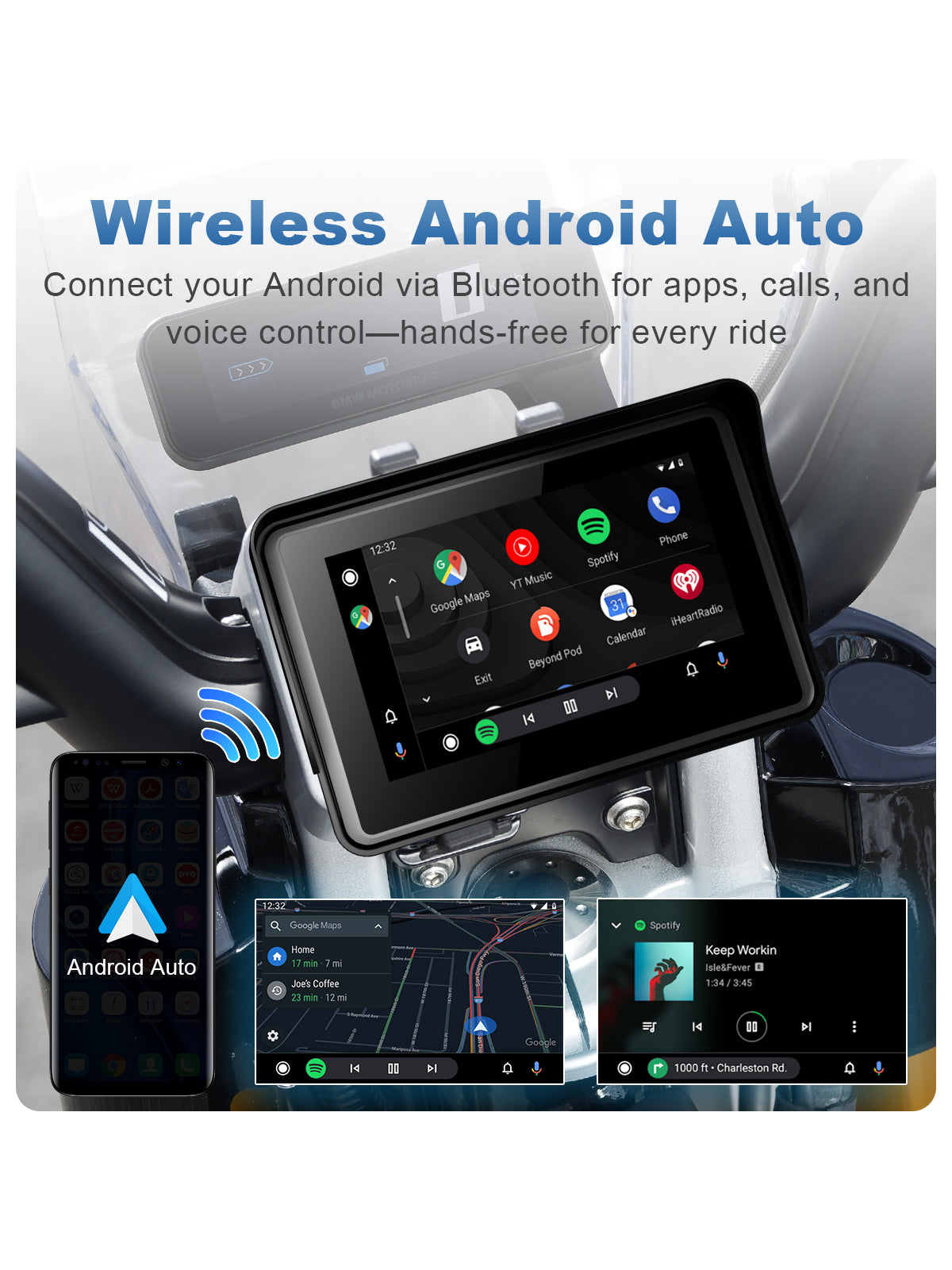 Linkifun MT3 motorcycle navigation screen with wireless Android Auto support for Android Phone, providing Apple Maps, Siri voice commands, music, and calls without cables