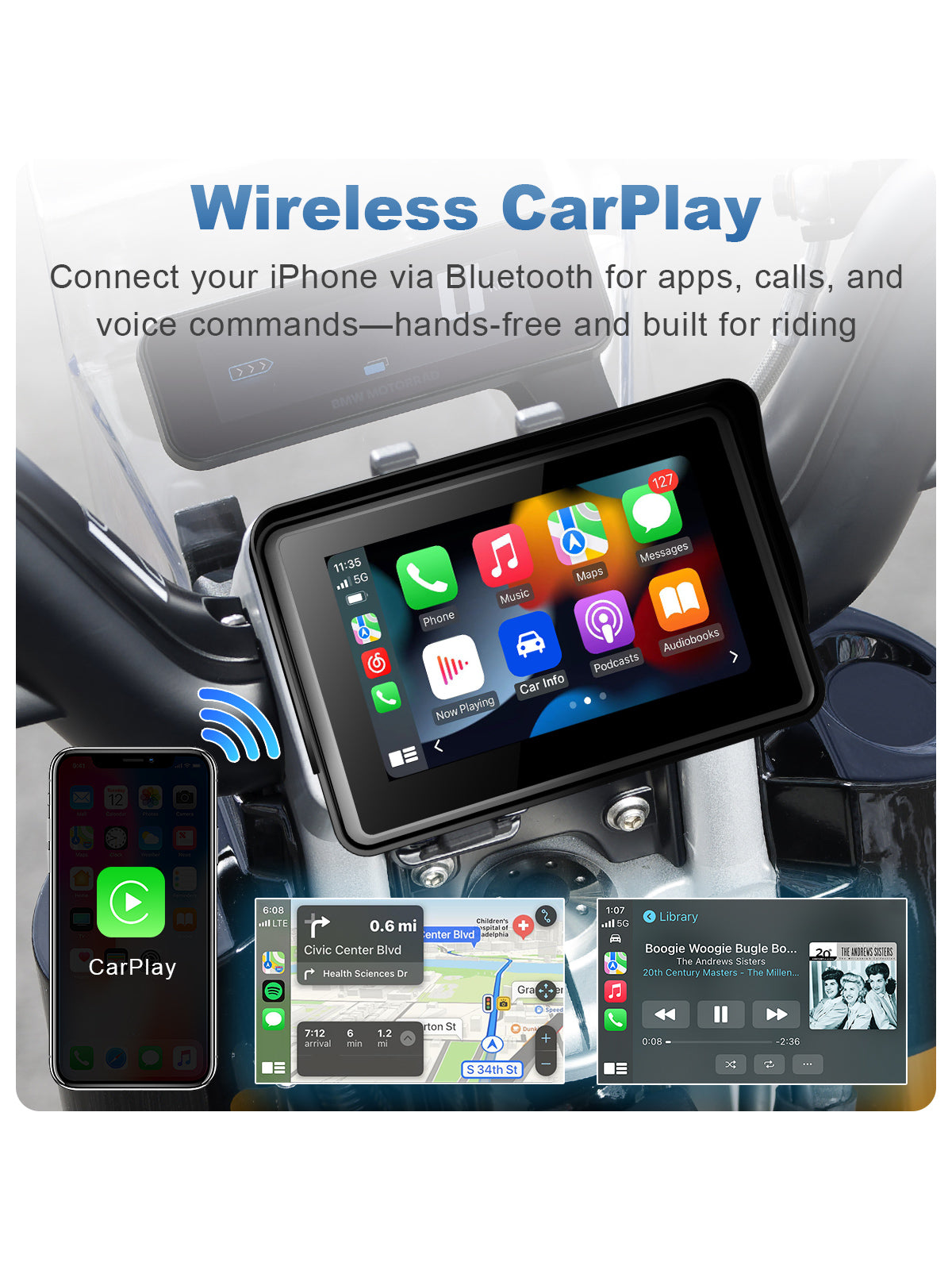 Linkifun MT3 motorcycle navigation screen with wireless Apple CarPlay support for iPhone, providing Apple Maps, Siri voice commands, music, and calls without cables