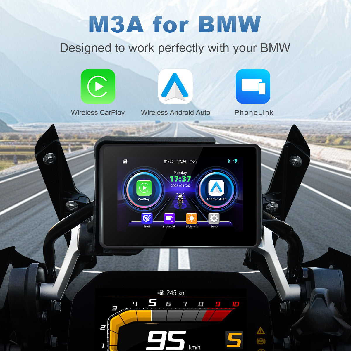 Linkifun™ MT3A 5" Motorcycle Screen for BMW with OEM Bracket – Wireless CarPlay & Android Auto, Quick Release