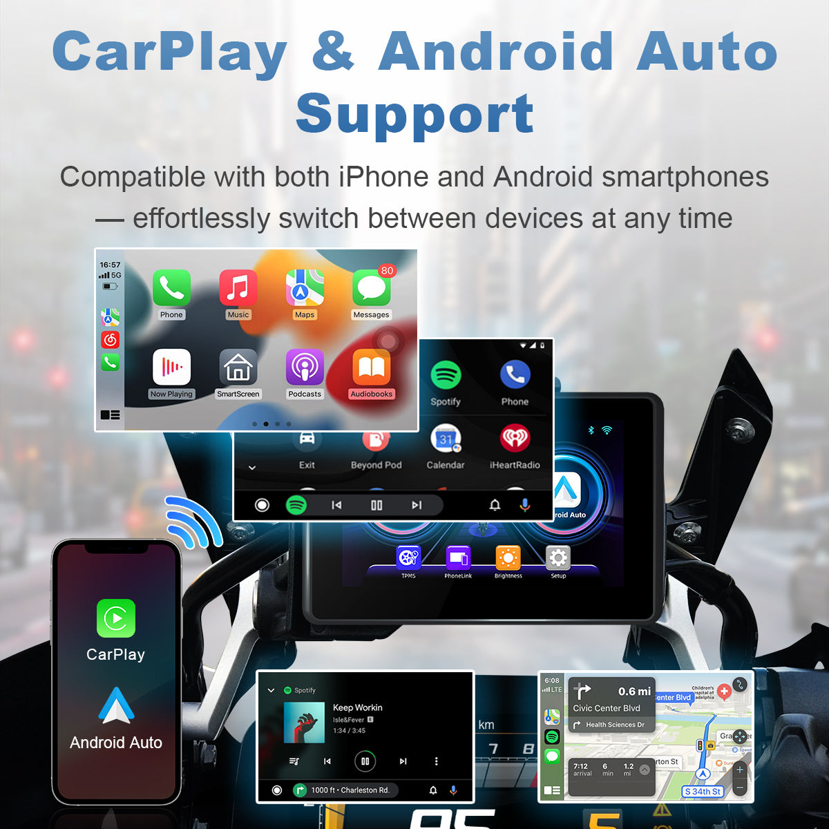 Linkifun MT3A 5-inch motorcycle screen for BMW motorcycles with OEM bracket, featuring wireless CarPlay and Android Auto for easy navigation, music, and hands-free control.