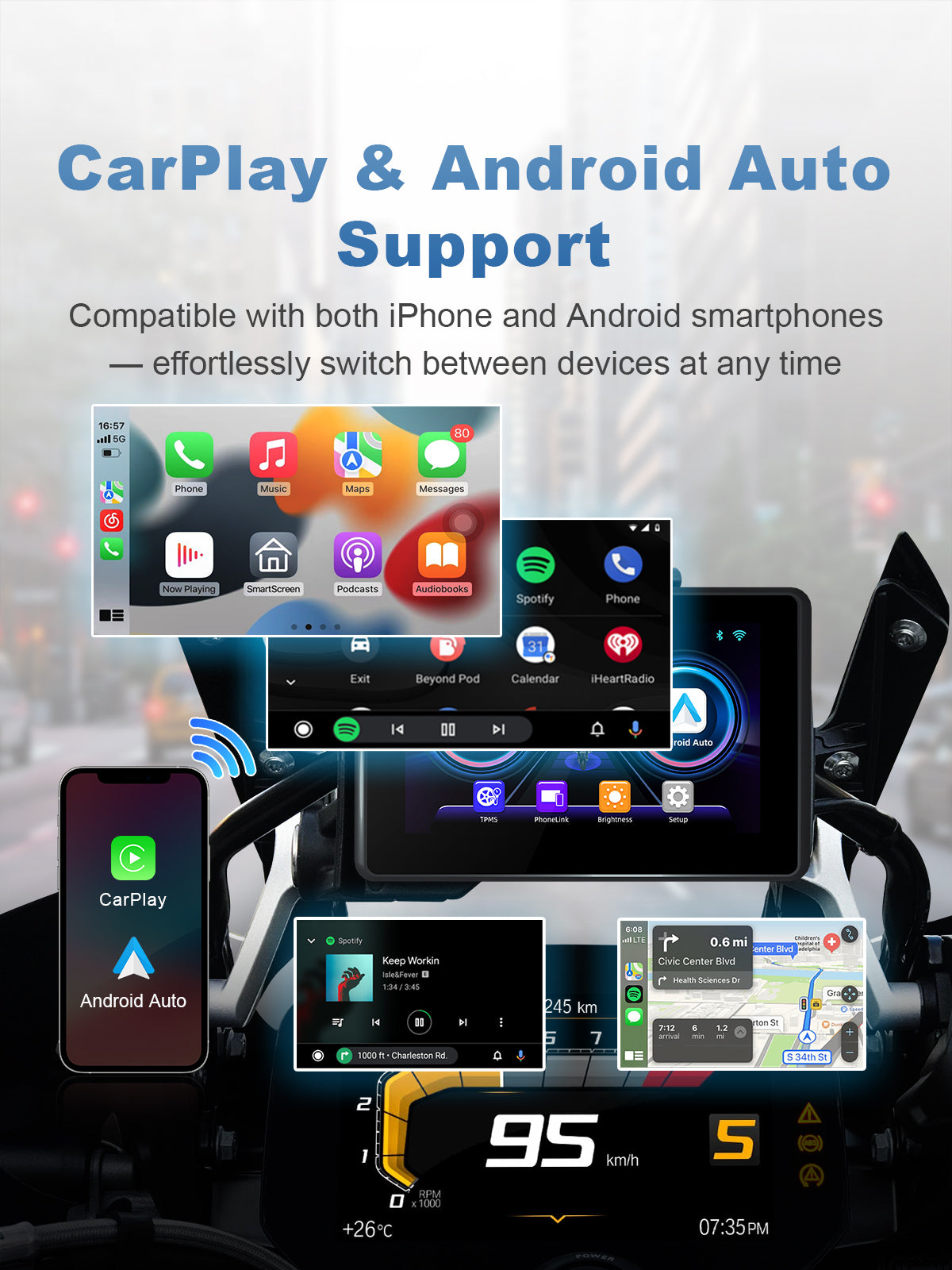 Linkifun MT3A 5-inch motorcycle screen for BMW motorcycles with OEM bracket, featuring wireless CarPlay and Android Auto for easy navigation, music, and hands-free control.