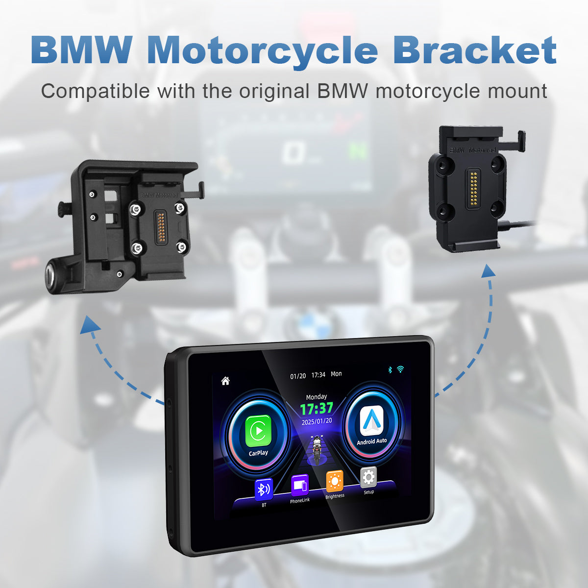 Linkifun MT3A compatible with BMW motorcycle OEM bracket, supporting touchscreen Wireless CarPlay, Android Auto, and phone mirroring. Not compatible with BMW Wonder Wheel control.