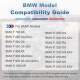 Linkifun MT3A BMW motorcycle compatibility guide showing supported models equipped with OEM brackets for direct screen installation.