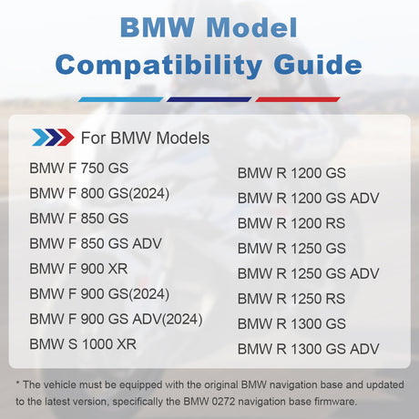 Linkifun MT3A BMW motorcycle compatibility guide showing supported models equipped with OEM brackets for direct screen installation.