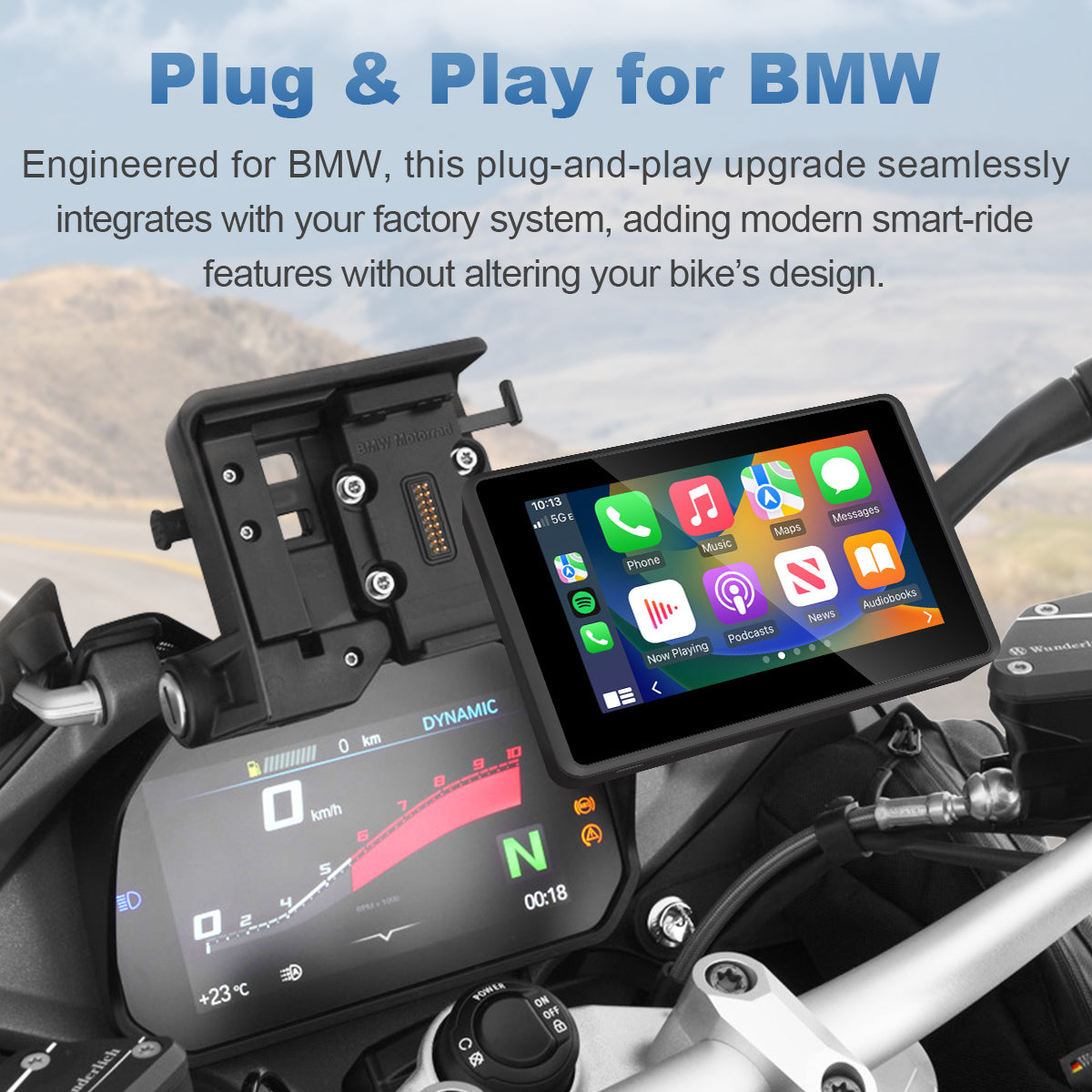Linkifun MT3A plug-and-play motorcycle screen with quick installation and instant connection for wireless CarPlay and Android Auto.