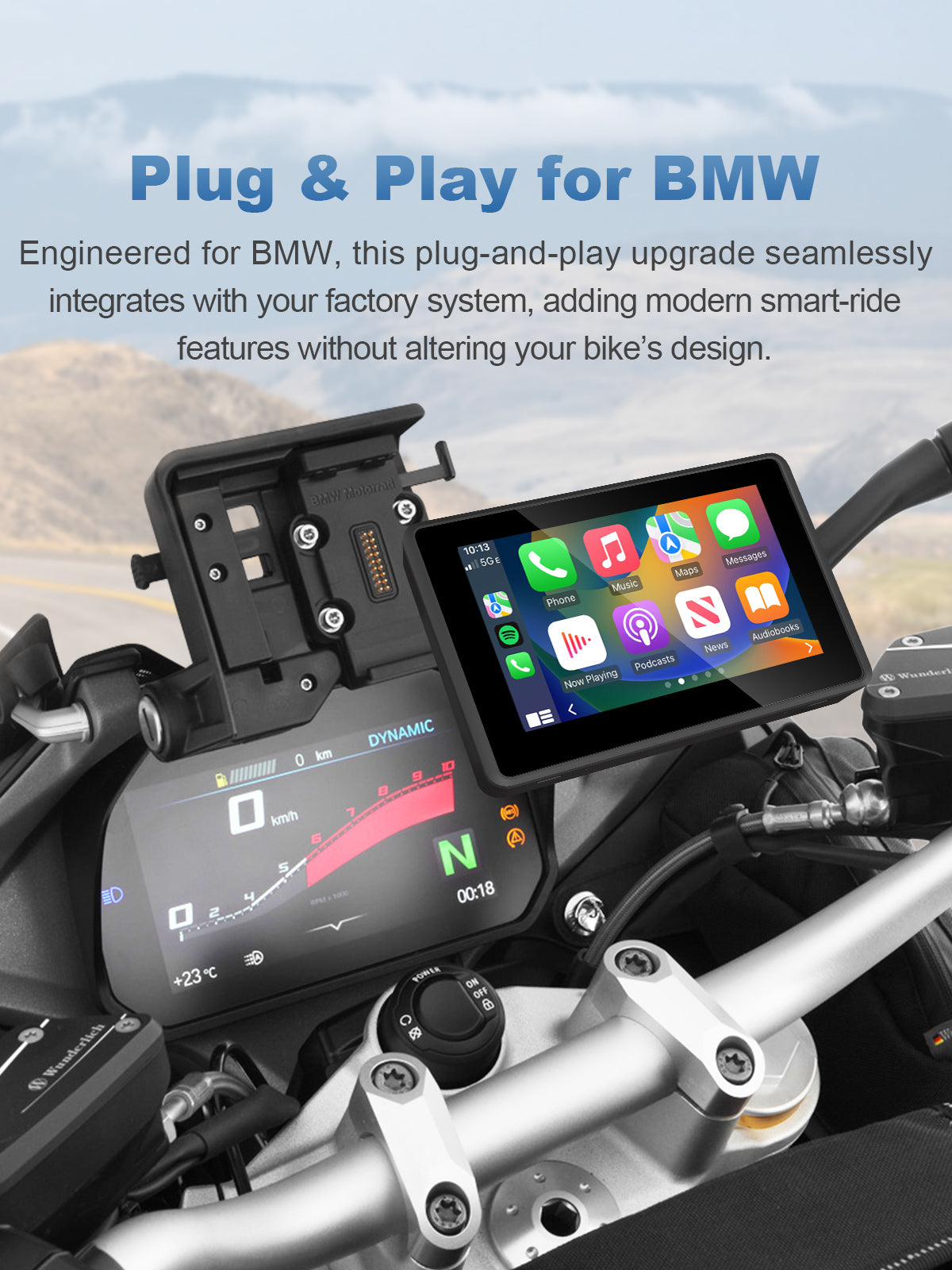 Linkifun MT3A plug-and-play motorcycle screen with quick installation and instant connection for wireless CarPlay and Android Auto.