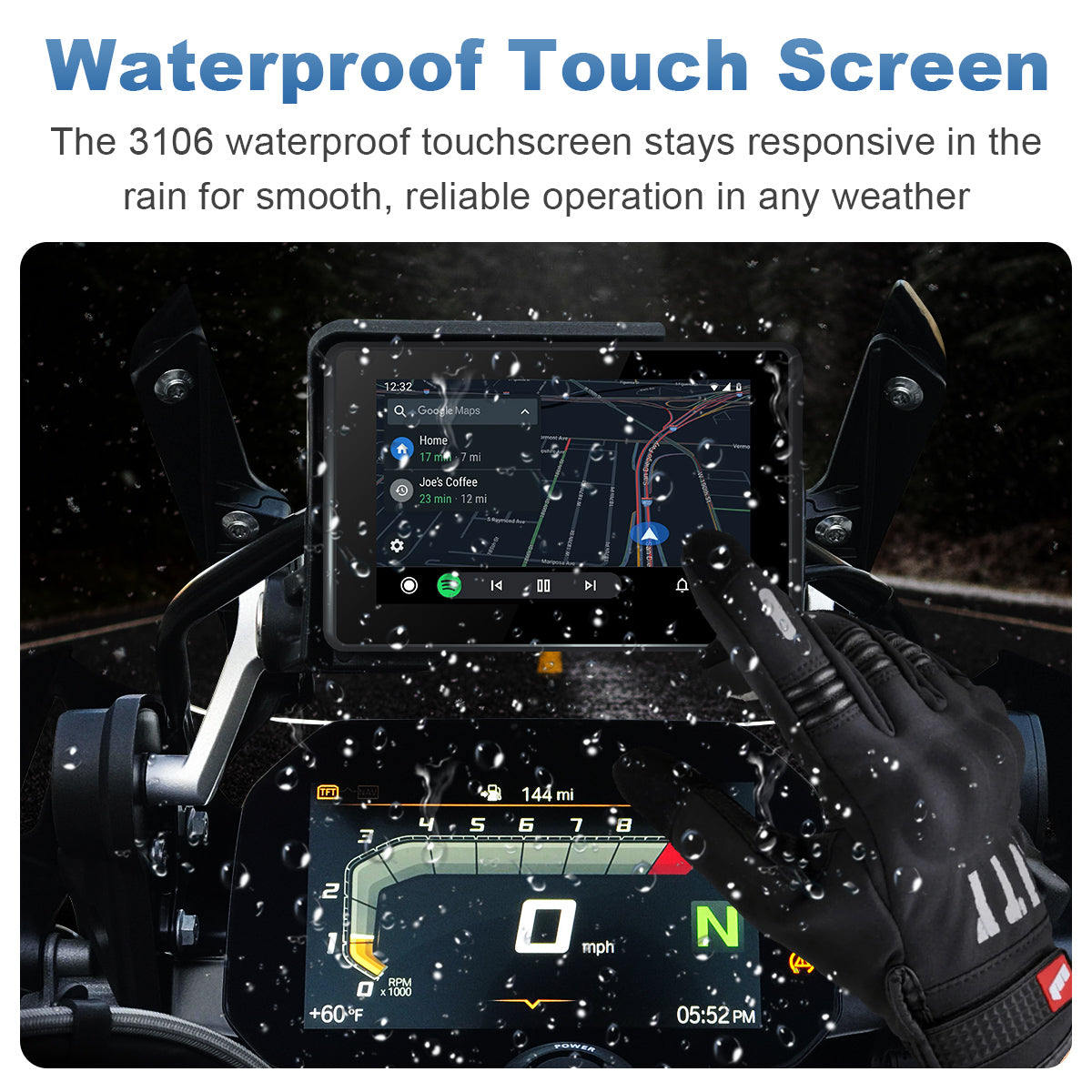 Linkifun MT3A waterproof touchscreen feature for motorcycles, providing smooth and reliable control in rain and all-weather conditions.