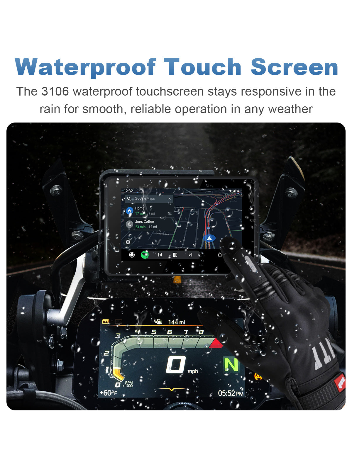 Linkifun MT3A waterproof touchscreen feature for motorcycles, providing smooth and reliable control in rain and all-weather conditions.