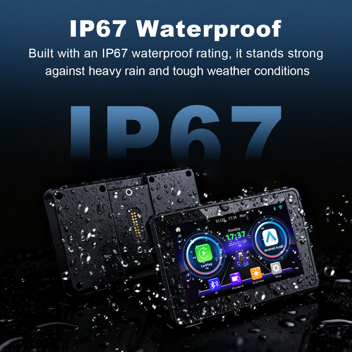 Linkifun MT3A motorcycle display with IP67 waterproof protection, ensuring durability against rain, dust, and harsh weather conditions.
