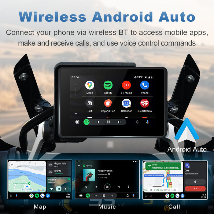Linkifun MT3A wireless Android Auto screen for BMW motorcycles with OEM bracket, offering Google Maps navigation, music streaming, and voice commands via Google Assistant.