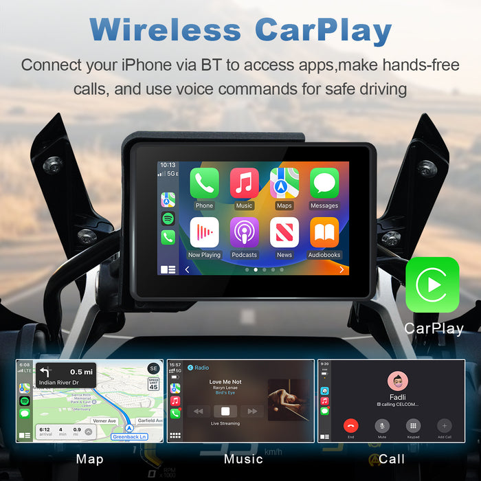 Linkifun MT3A wireless Apple CarPlay screen for BMW motorcycles with OEM bracket, enabling map navigation, music, and hands-free Siri control.