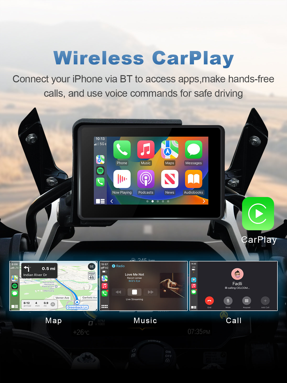 Linkifun MT3A wireless Apple CarPlay screen for BMW motorcycles with OEM bracket, enabling map navigation, music, and hands-free Siri control.