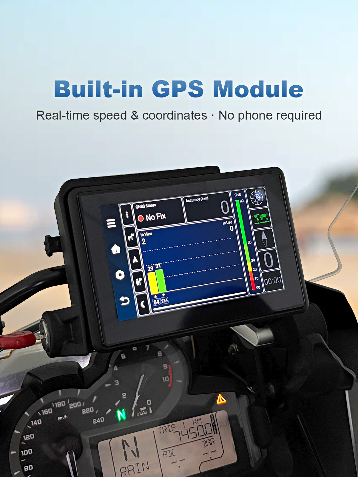 Linkifun MT3C BMW motorcycle display with built-in GPS showing real-time speed and coordinates without requiring a phone.