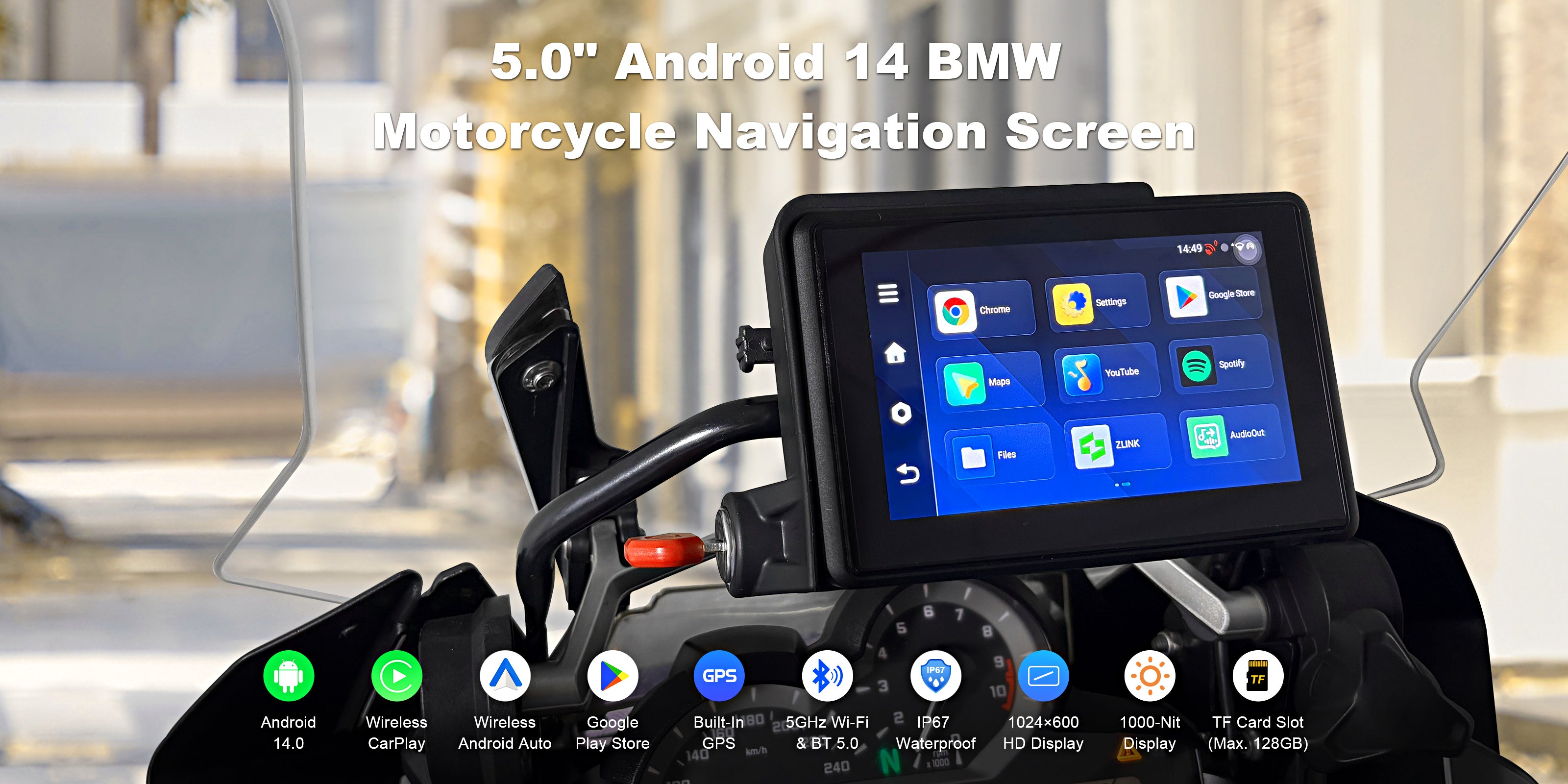 Linkifun MT3C BMW motorcycle display feature overview poster showing Android 14 system, built-in GPS, wireless CarPlay and Android Auto, Wi-Fi connectivity, and IP67 waterproof design.