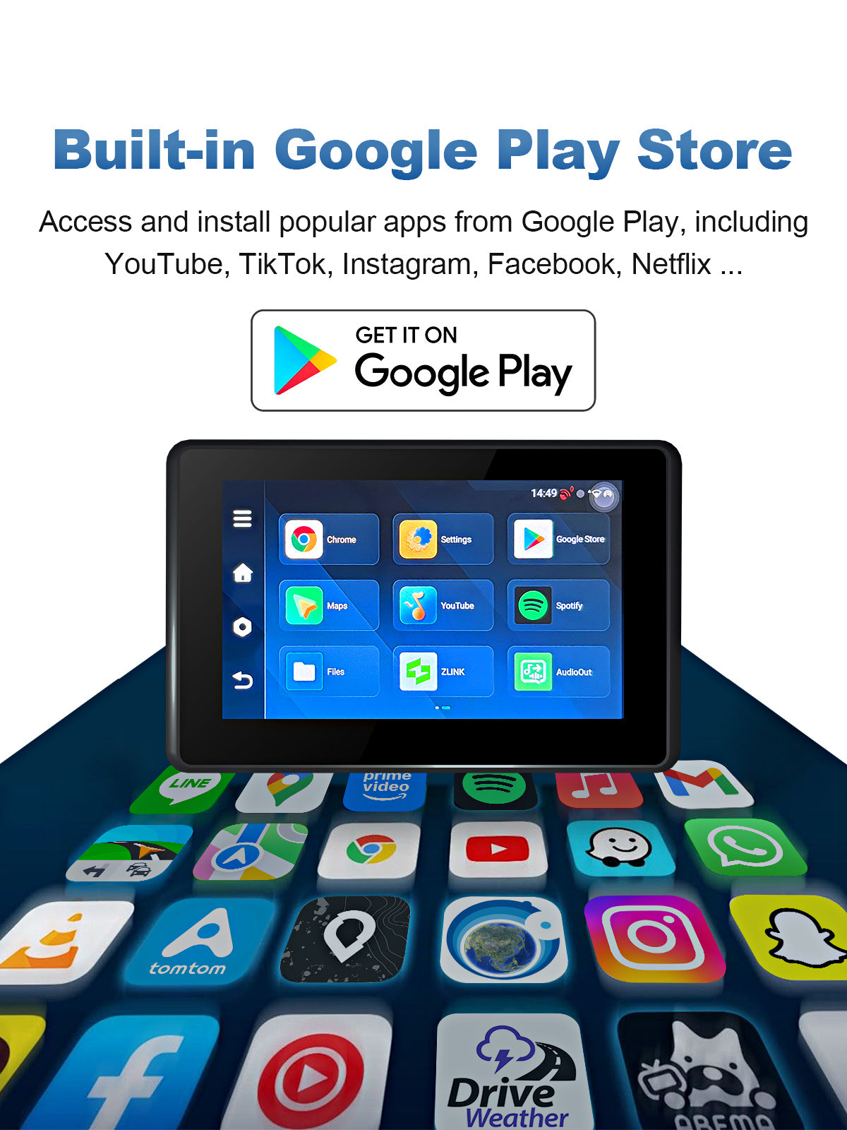 Linkifun MT3C BMW motorcycle display with built-in Google Play Store, allowing users to download navigation, music, and riding apps directly on the device.