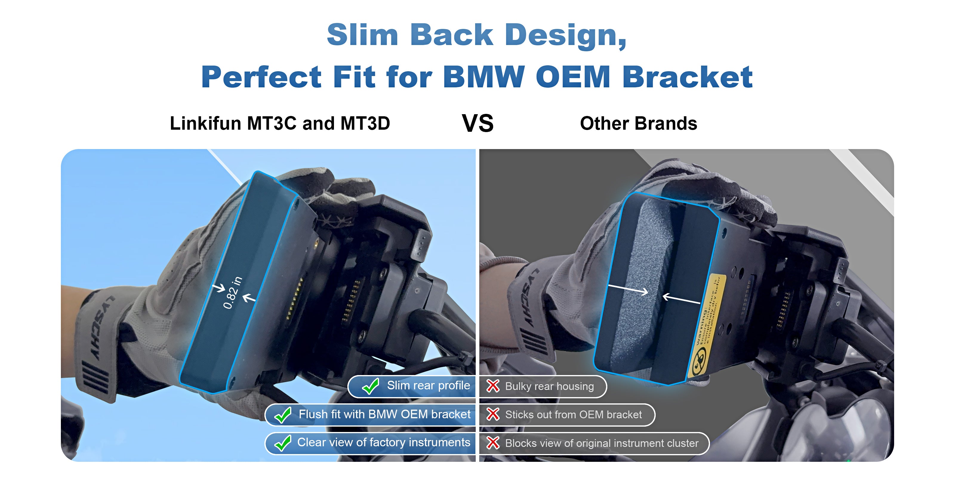 Before comparison showing other BMW motorcycle displays with bulky rear design that protrudes from the OEM bracket and obstructs the instrument view.