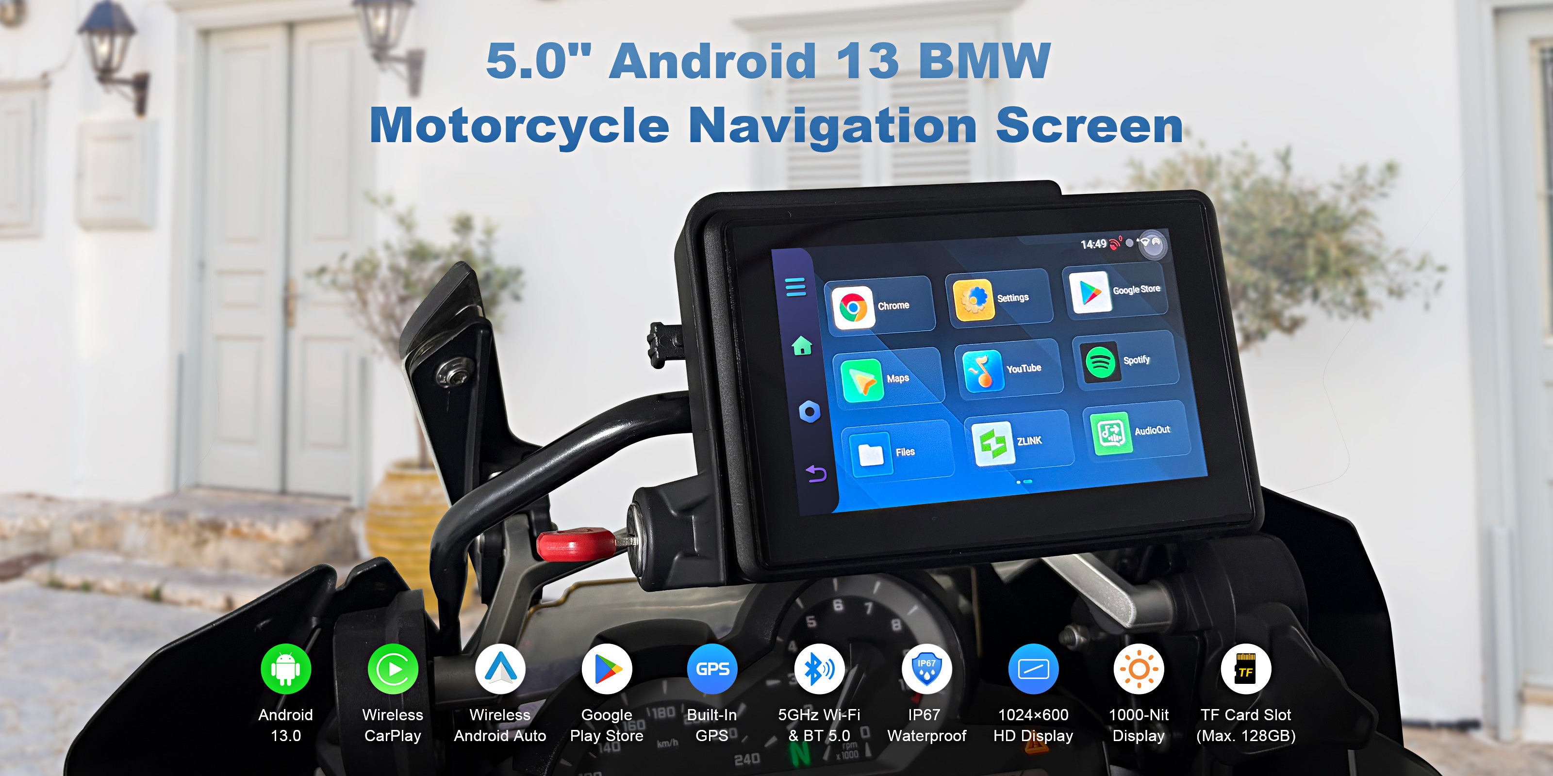 Linkifun MT3D BMW motorcycle display feature overview poster showing Android 13 system, built-in GPS, wireless CarPlay and Android Auto, Wi-Fi connectivity, and IP67 waterproof design.