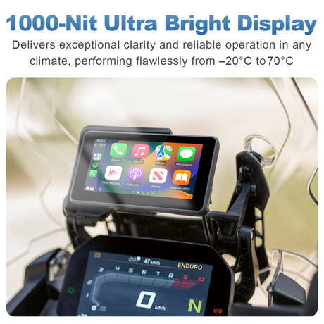 Linkifun MT3 Pro BMW motorcycle display with 1000-nit high-brightness screen, delivering clear visibility and stable performance from –20 °C to 70 °C.