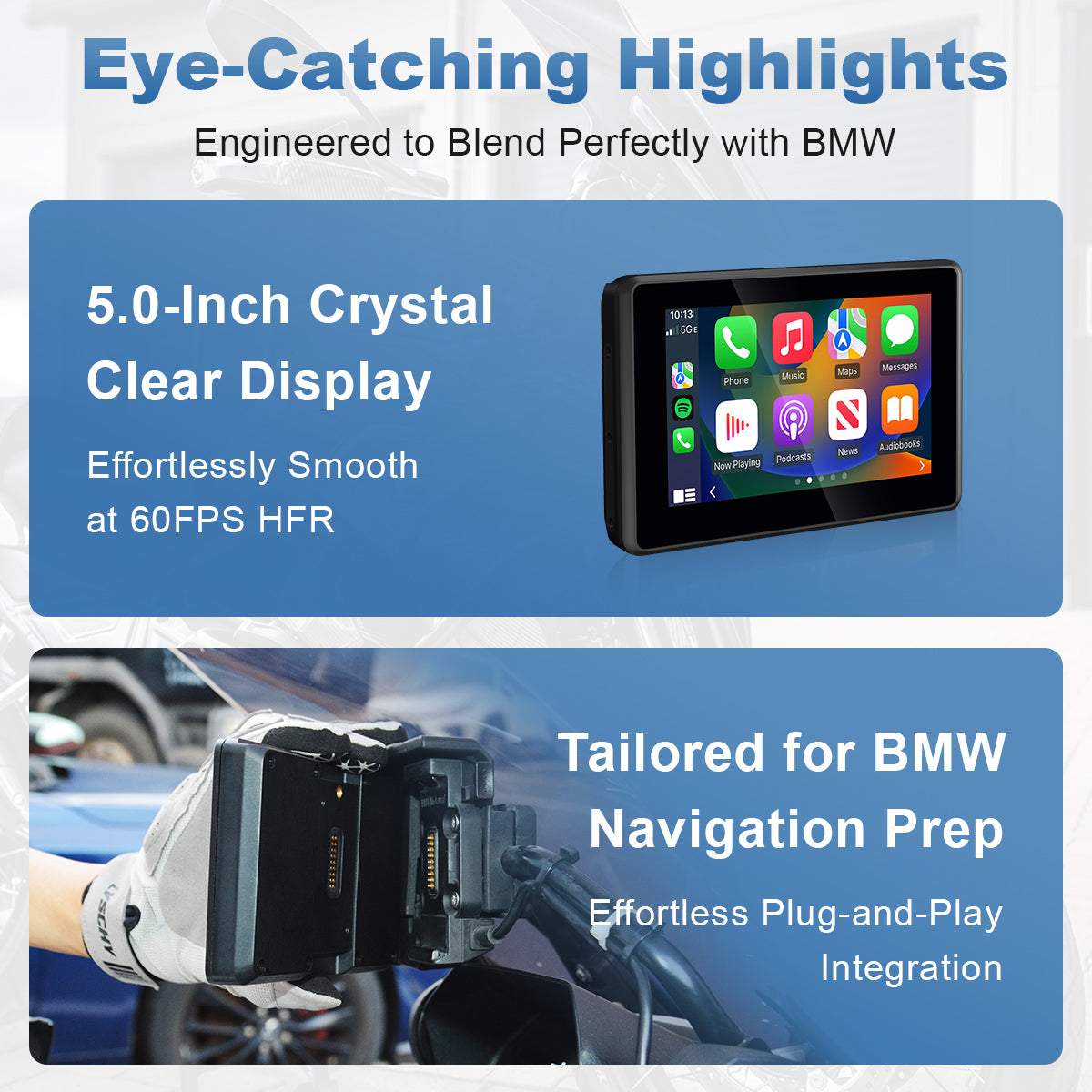 Linkifun MT3 Pro BMW motorcycle display with plug-and-play installation and 60FPS HFR mirroring for smooth screen performance.