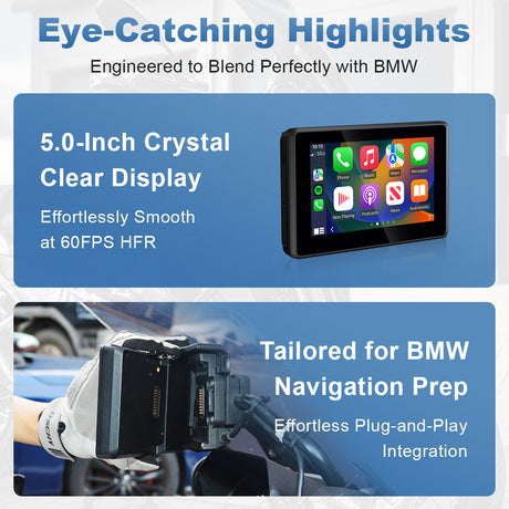 Linkifun MT3 Pro BMW motorcycle display with plug-and-play installation and 60FPS HFR mirroring for smooth screen performance.
