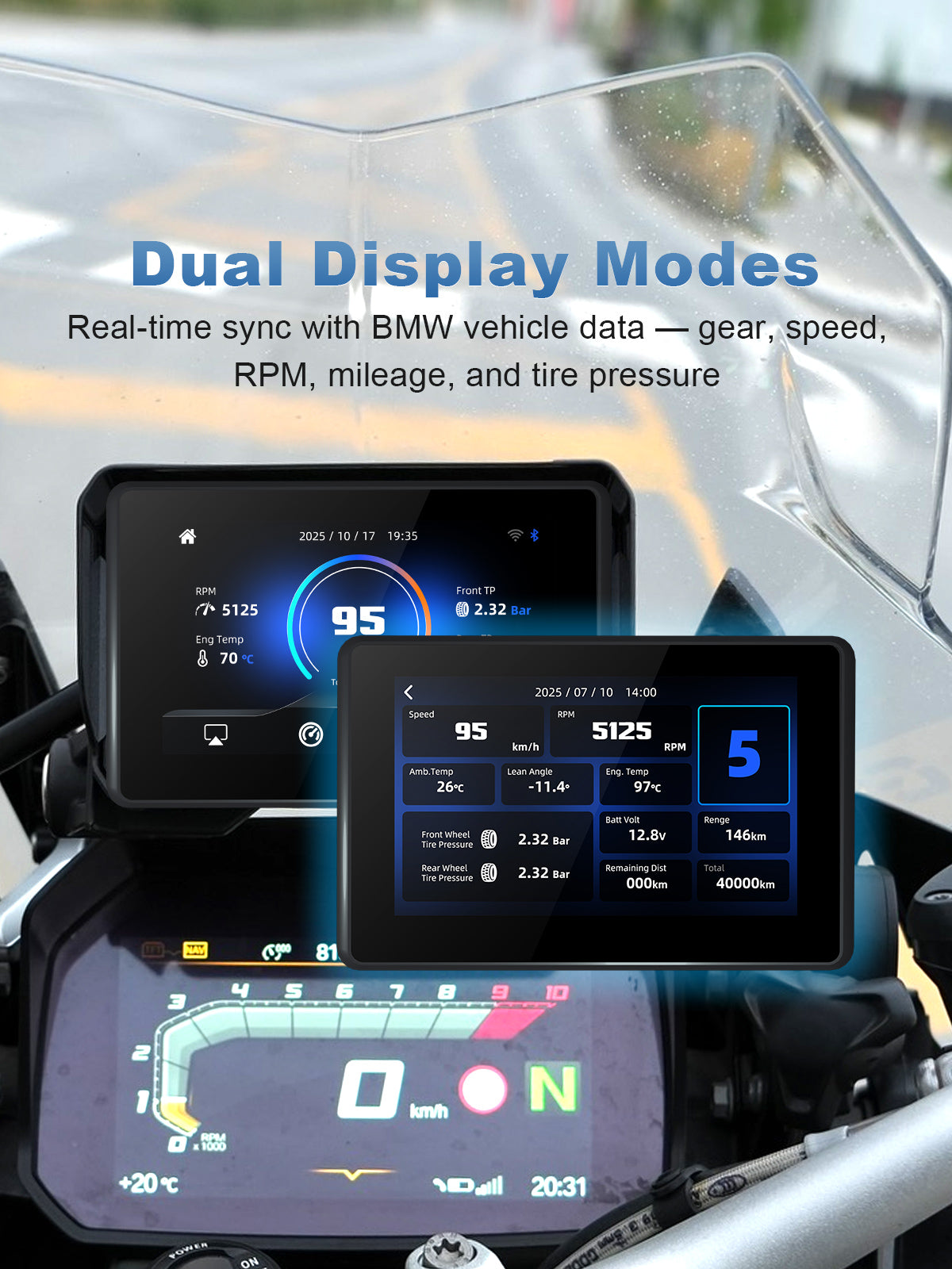 Linkifun MT3 Pro BMW motorcycle display featuring dual display modes and synchronized live vehicle information such as speed, gear, RPM, mileage, and tire pressure.