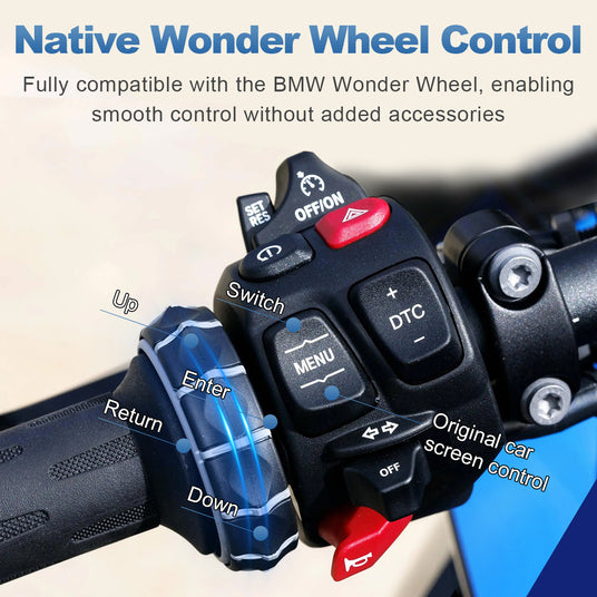 Linkifun MT3 Pro BMW motorcycle display featuring native Wonder Wheel control, enabling seamless operation of CarPlay, Android Auto, and system functions without extra accessories.